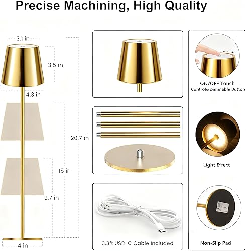 Miniatura 12 de Paquete de 2 lámparas de mesa inalámbricas doradas recargables, lámpara de mesita de noche pequeña de metal con 3 postes ajustables, lámpara táctil