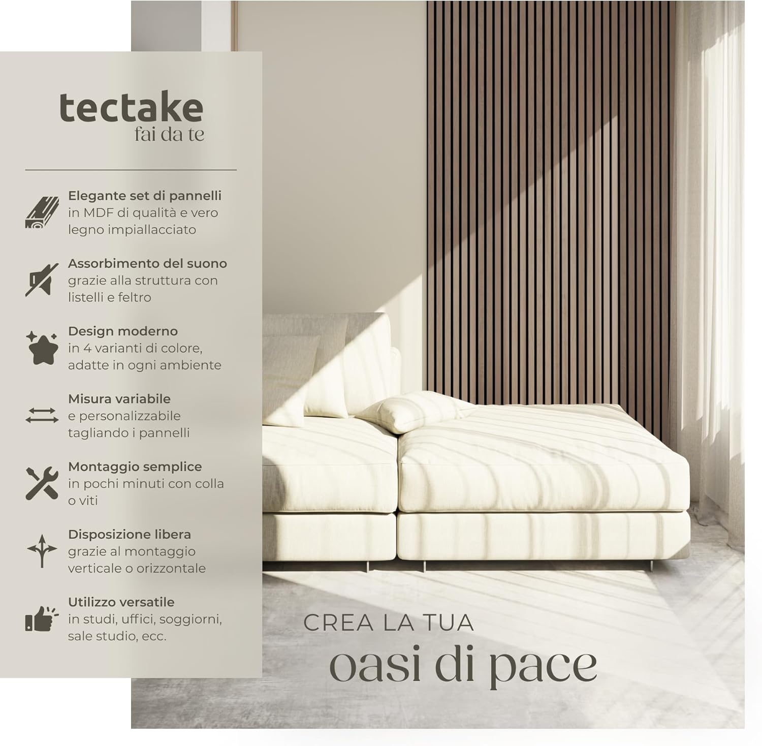 A bedroom scene featuring a bed against a wall adorned with TecTake acoustic panels, highlighting their decorative and sound-absorbing qualities.