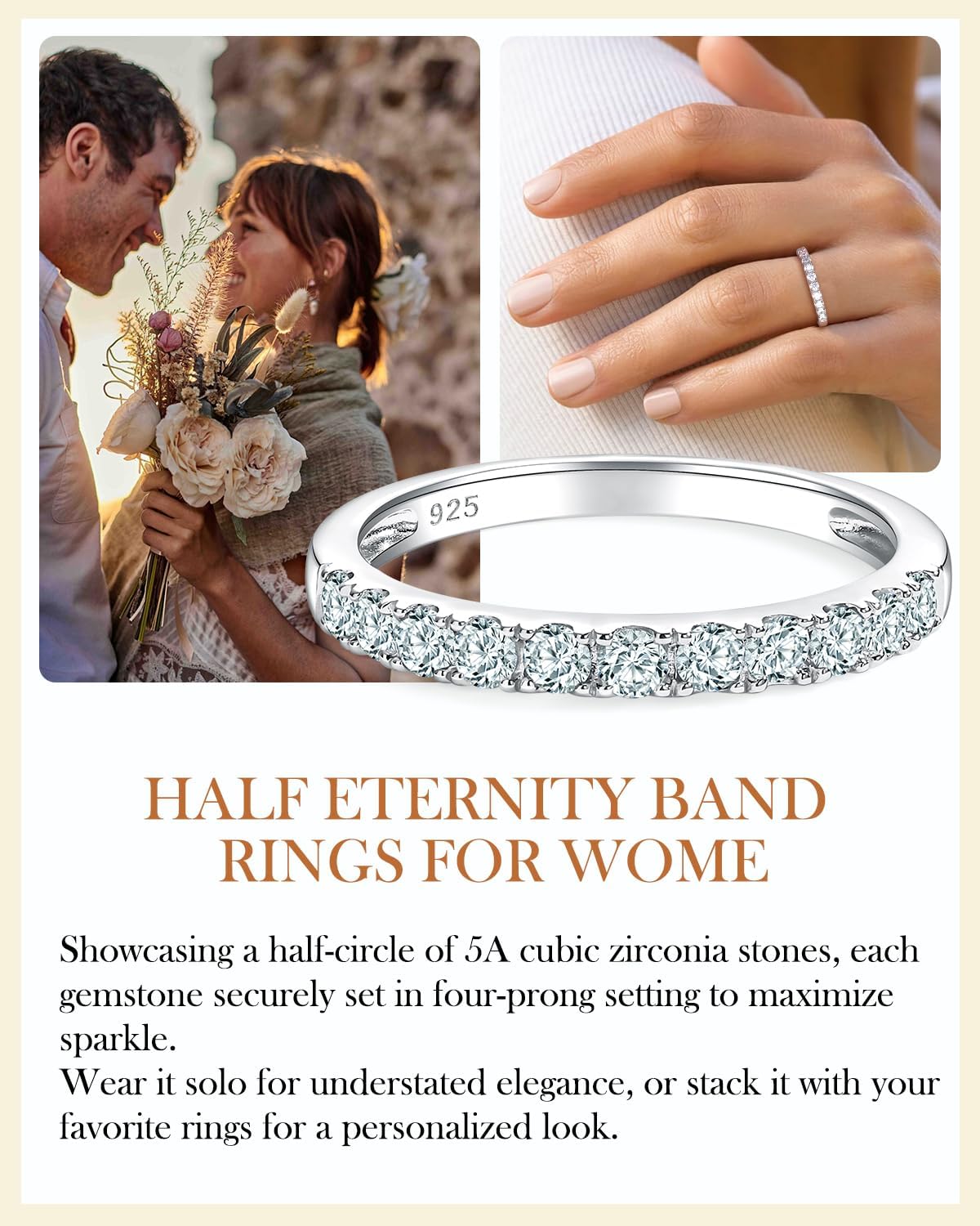 AIBAO Amethyst/Emerald/Ruby/Sapphire/Cubic Zirconia Half Eternity Band Rings for Women Sterling Silver Birthstone Stackable Rings Size 6 to 10 Anniversary Birthday Christmas Jewelry Gift