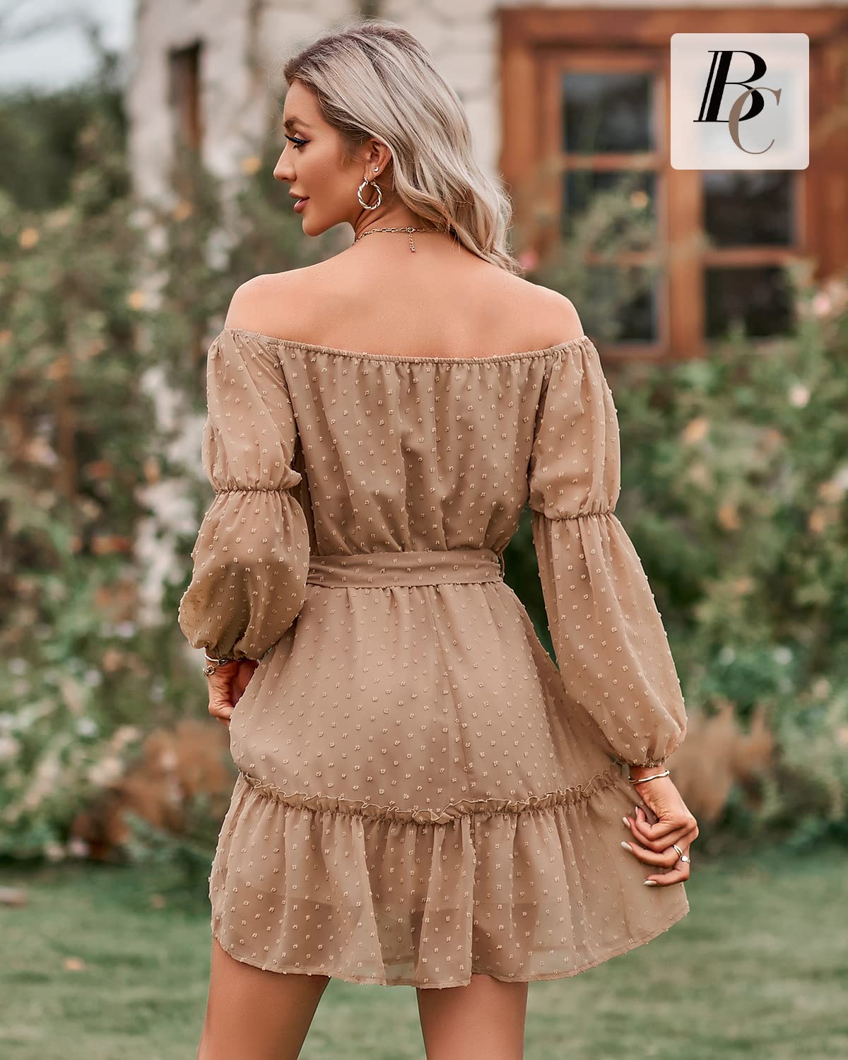 BebreezChic Robe Femme Mini Fluide à Pois Suisses Manches Longues Ceinturé Casual Soirée Cocktail Robe Elégante