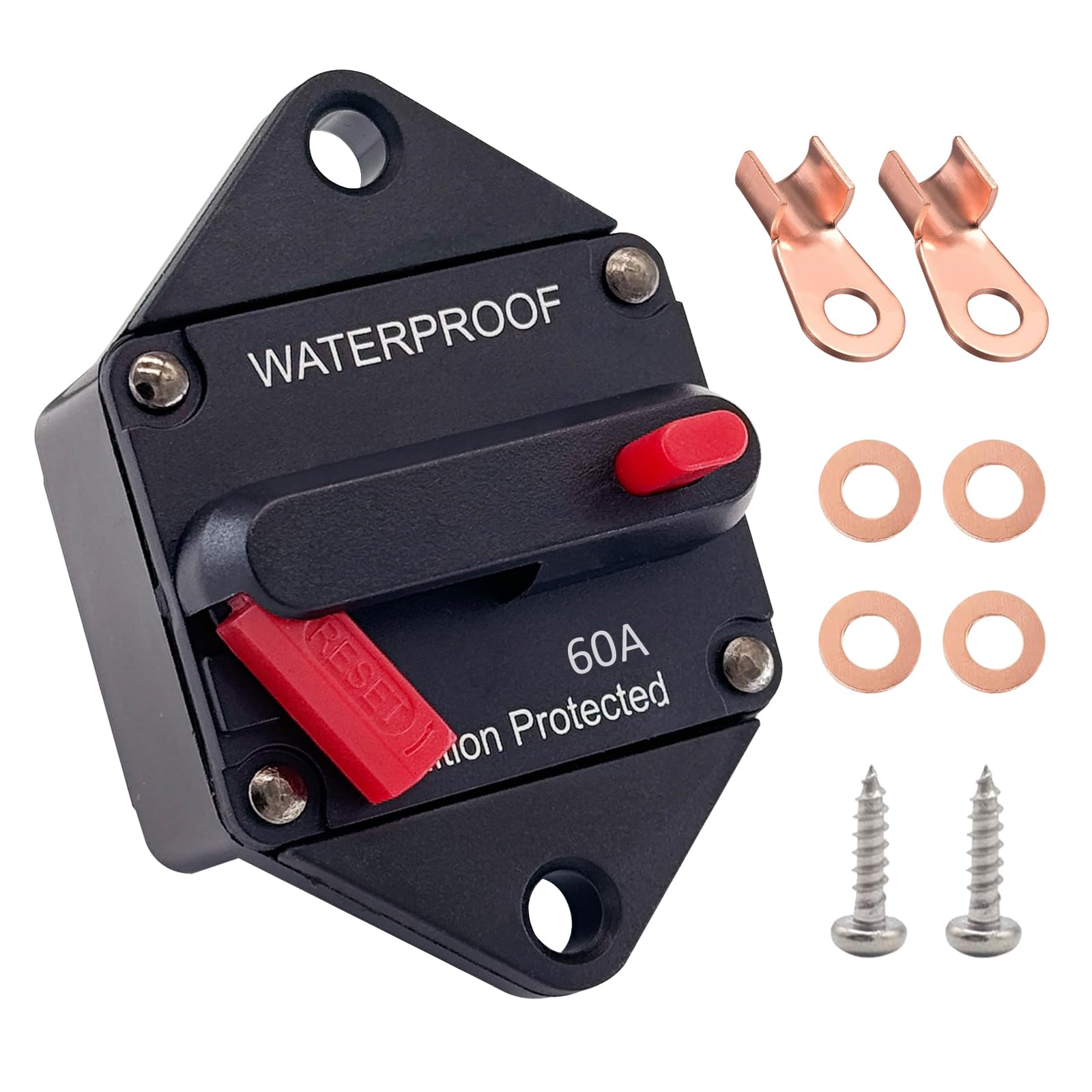 Interruttore automatico 60A, Ampper Panel Mount DC 12V-48V impermeabile interruttore termico fusibile con reset manuale/On-Off per barca Trolling Motor Auto Audio Solar e altro ancora