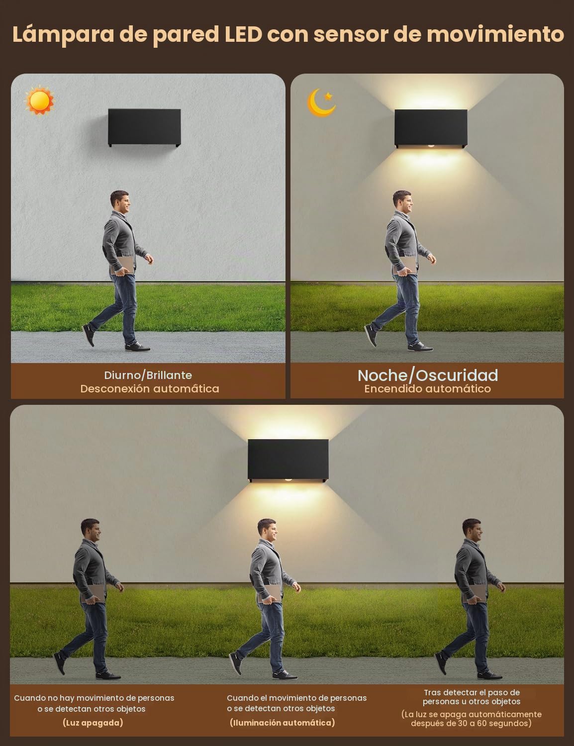 Aplique Pared Exterior/Interior con Sensor de Movimiento 24W, 2400LM, IP65 | 3000K Blanco Cálido LED Aplique Pared, Haz de Luz Ajustable para Jardín, Pared, Valla, Garaje, Patio (Negro)