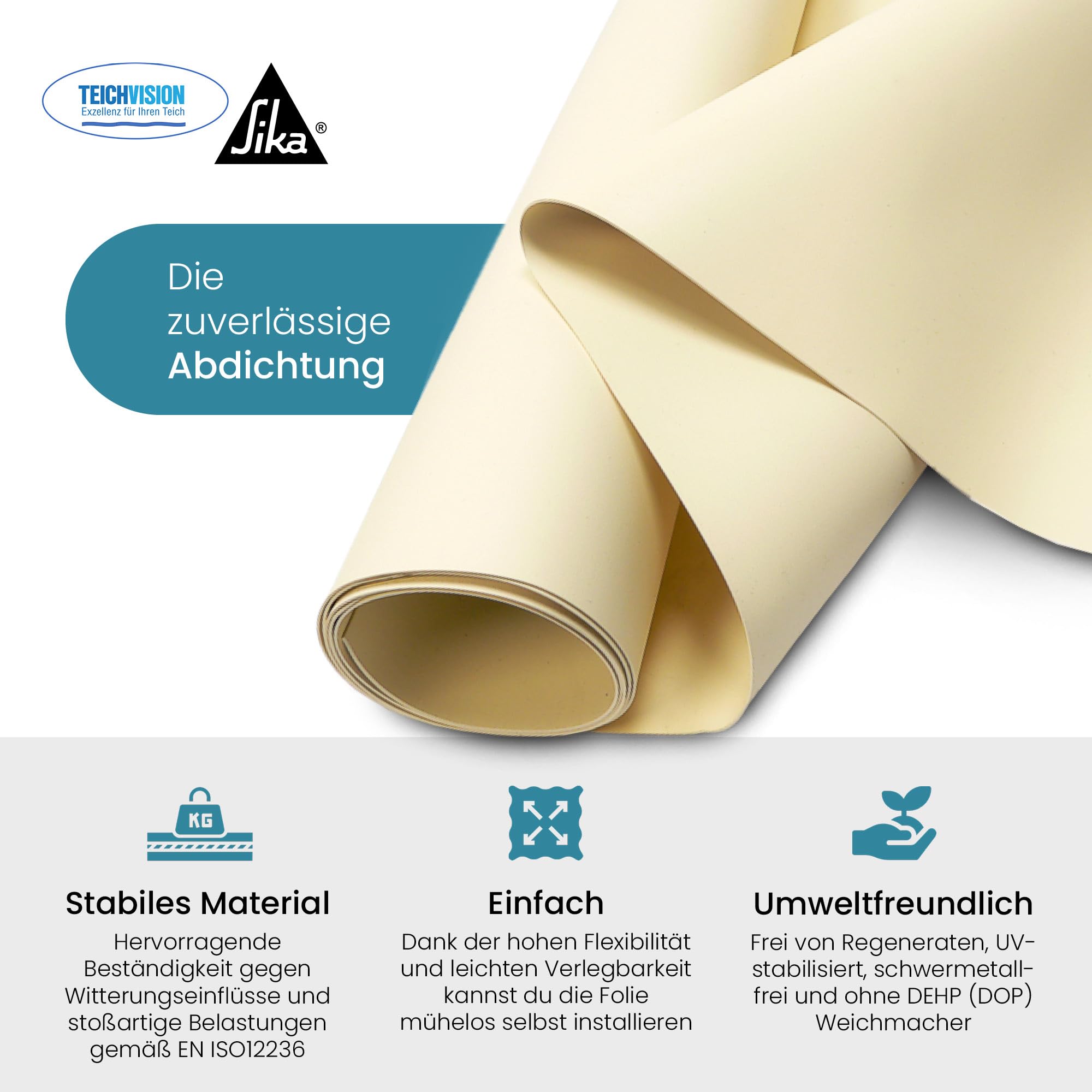 TeichVision - Premium PVC Teichfolie beige-Sandfarben - Stärke 1 mm - 10 m x 12 m/PVC Folie beige geeignet für Teiche, Biotope, Naturschwimmbäder