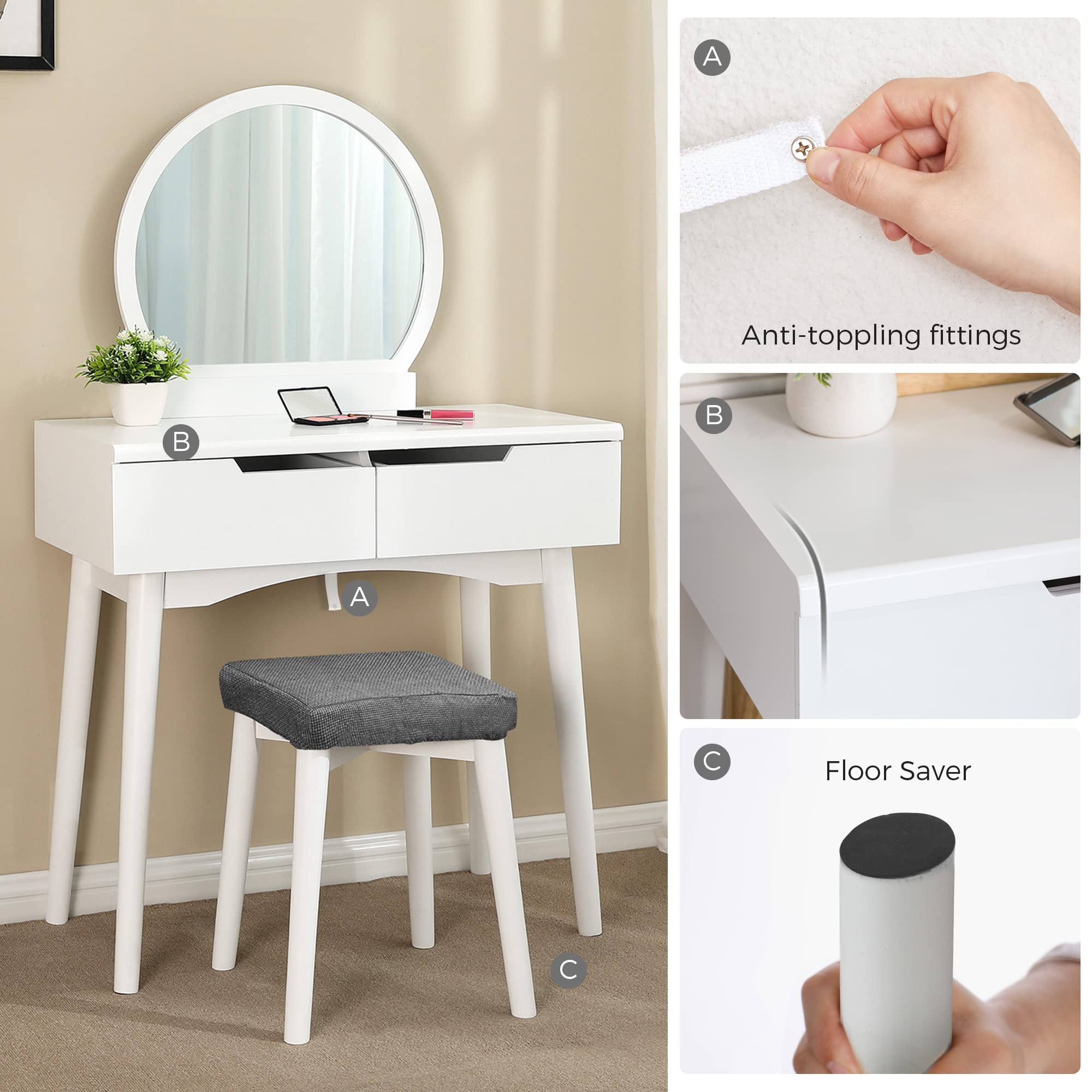 VASAGLE Vanity Table, Makeup Vanity Desk with Rounded Mirror, 2 Drawers