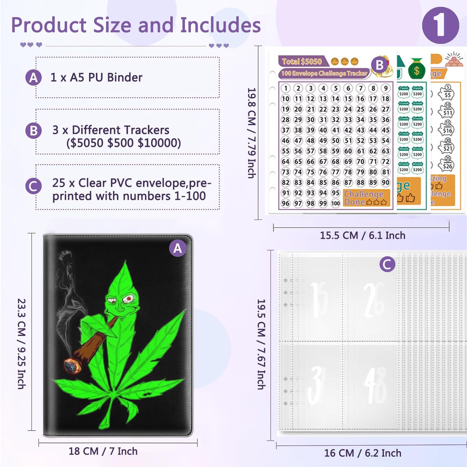 100 Envelopes Money Saving Challenge Binder, A5 Budget Binder with 25 pcs Cash Envelopes, 3 pcs Reusable Laminated Trackers Saving $5050, $500, $10000, Money Organizer,Cannabis Weed