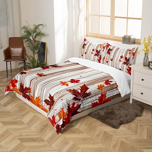 Miniatura 5 de Juego de funda de edredón para niños de hoja de arce, tamaño Queen, juego de ropa de cama de otoño con plantas de otoño, decoración de