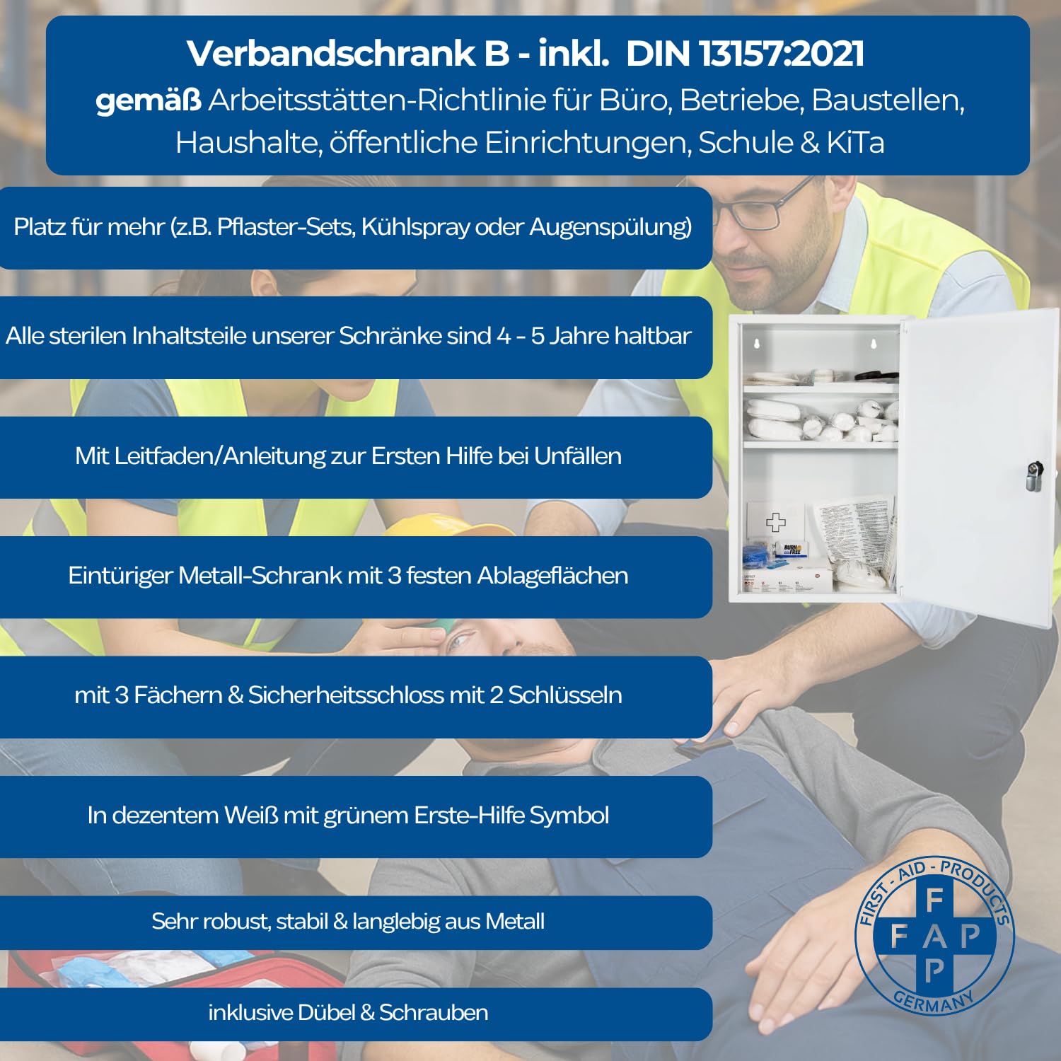 First Aid Products Verbandschrank B – inkl. DIN 13157:2021 Füllung – Metall, 3 Ablageflächen, abschließbar – Betriebsverbandkasten, Büro, Betrieb, Versammlungsstätte & Werkstatt – 46×30×14 cm