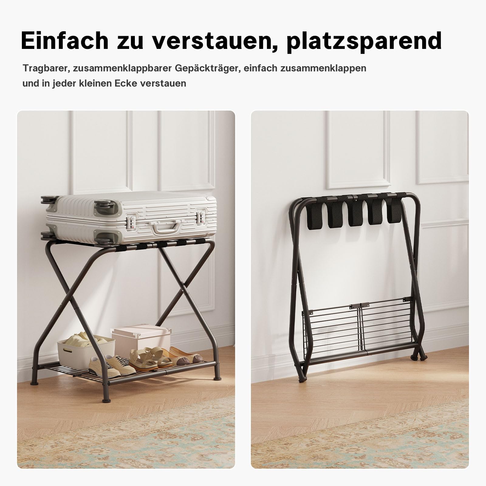 Lot de 2 porte-bagages pliables avec étagère - En métal - 64 x 44 x 55 cm - Peu encombrant - Pour chambre à coucher, chambre d'amis, hôtel - Noir