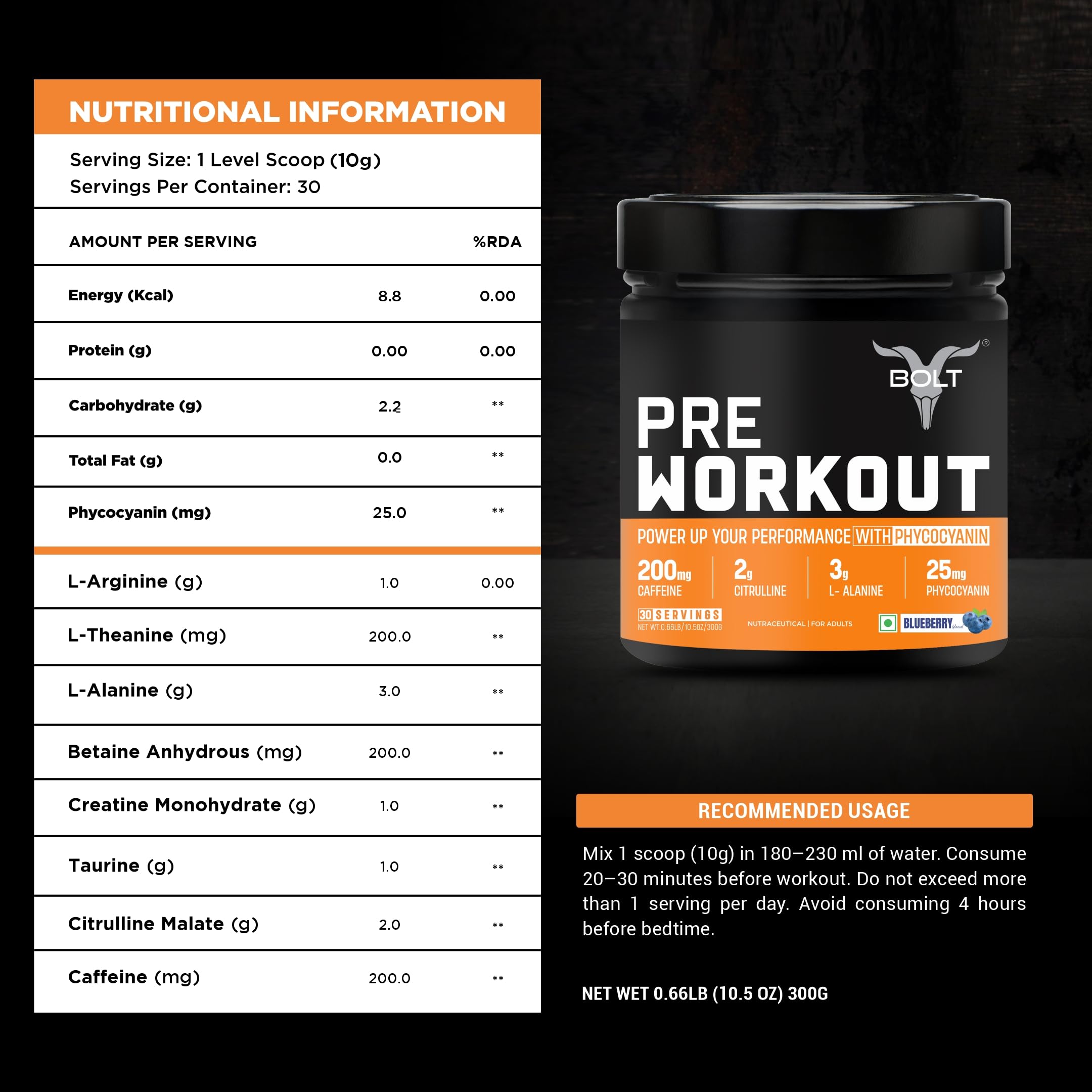 Bolt Pre Workout Supplement | 300 grams,30 Servings |With Caffeine Powder, Citrulline Malate, B-Alanine, Taurine For Explosive Energy, Pump & Focus | Blue Berry Blast 4