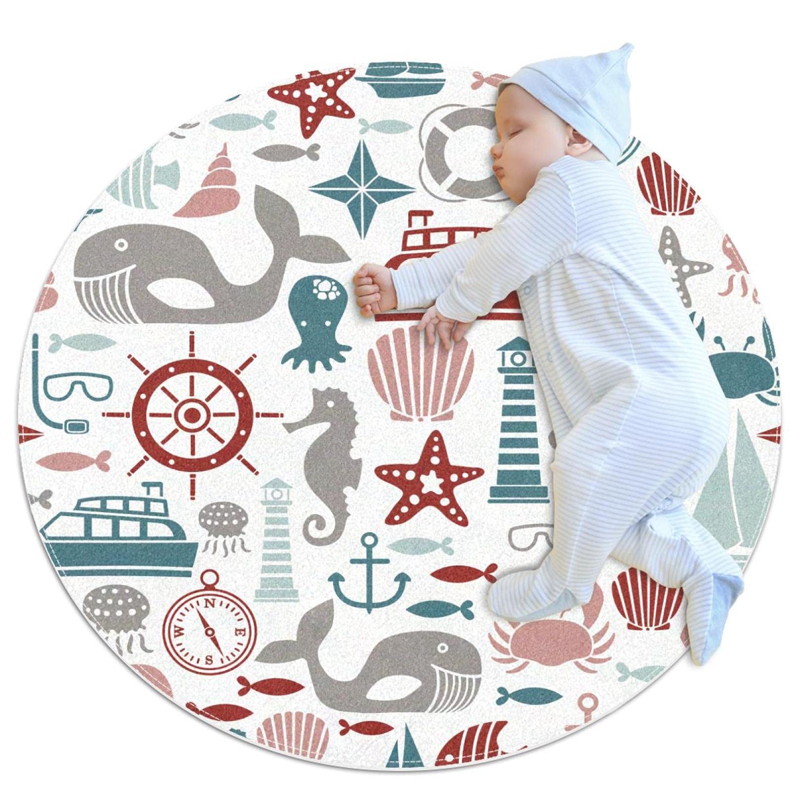 Tapis rond pour enfants filles garçons animaux marins 80x80cm