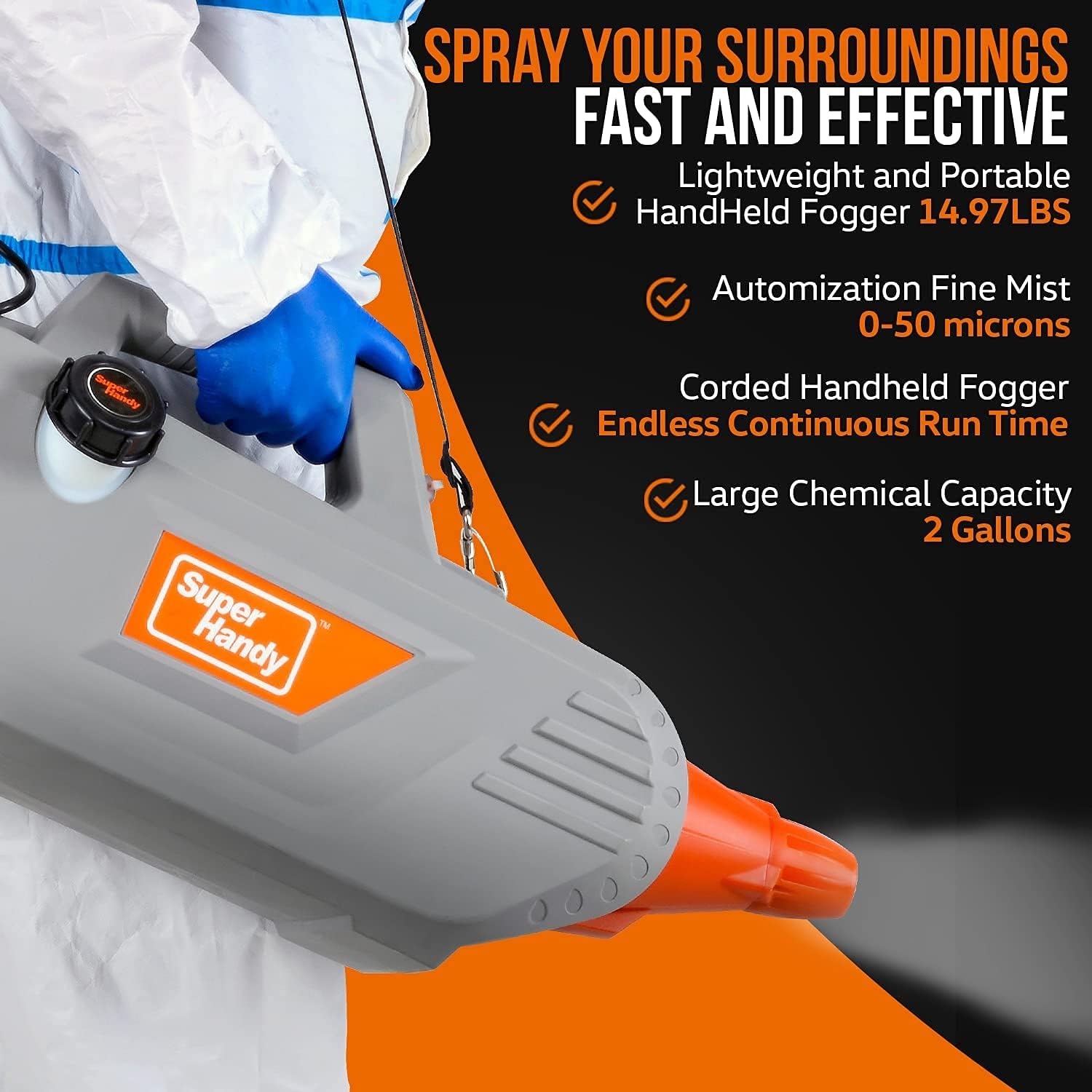 SuperHandy Fogger Machine ULV Sprayer Disinfectant Electric Handheld Corded 120V 60Hz Mist Duster Blower 2GAL Adjustable Particle Size 0-50um/Mm