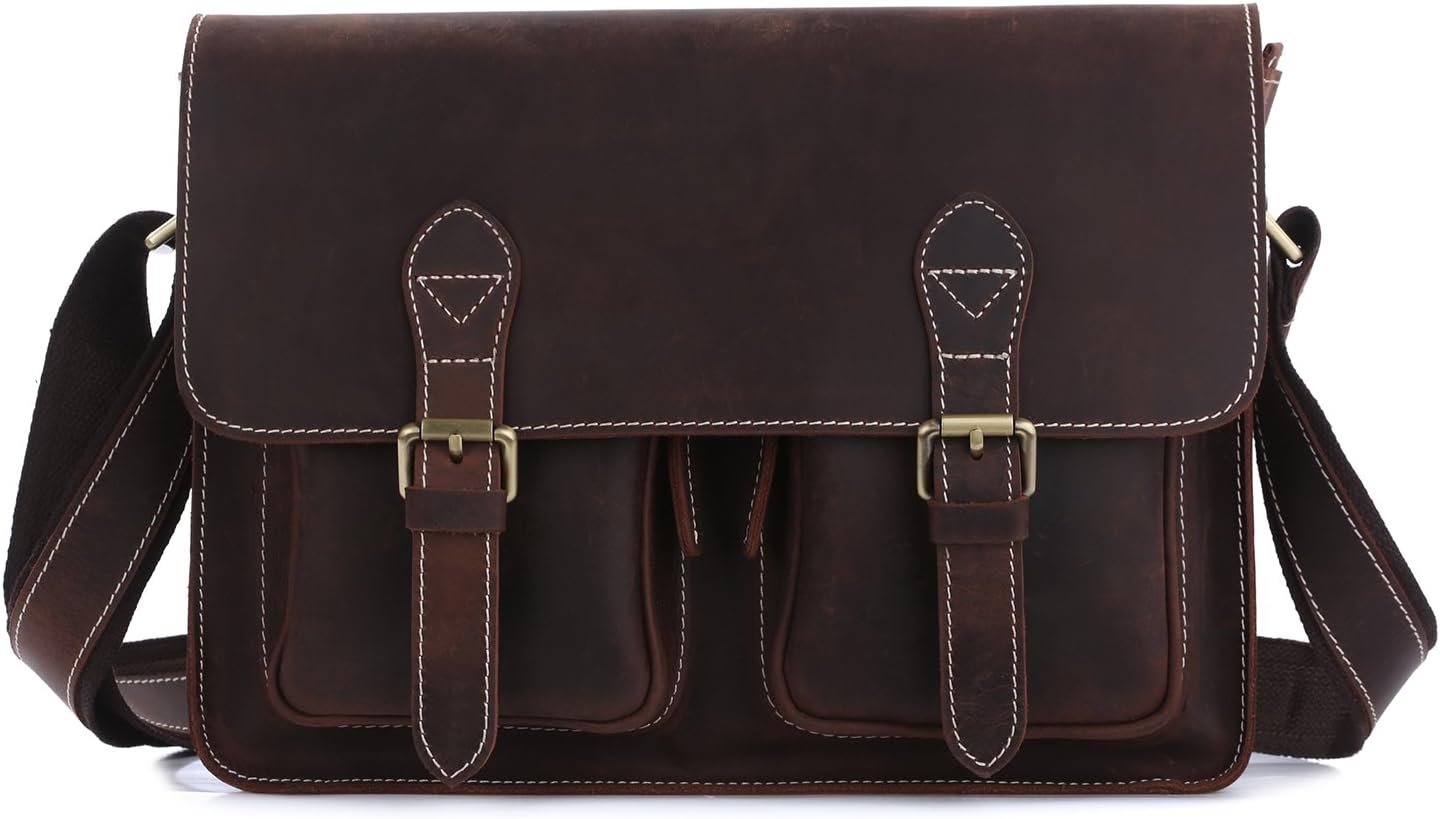 Amango Genuine Leather Messenger Bags for Men Fit 14'' Laptop Brown A1103