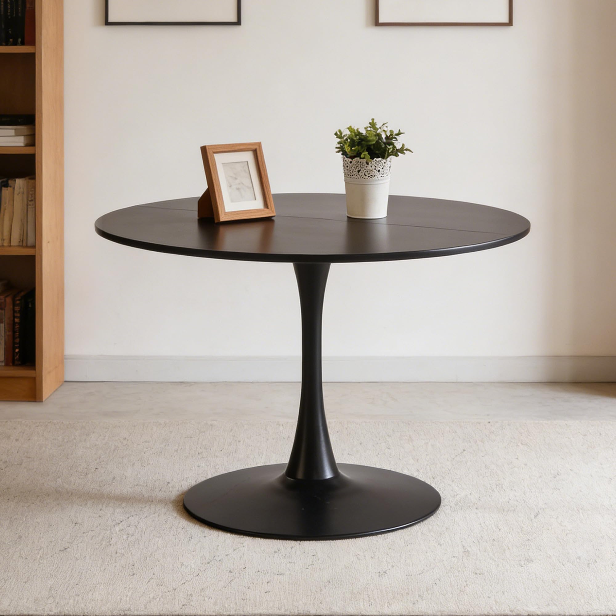 Photo 1 of KEIKI 42.1" Round Dining Table, Mid Century Modern Bistro Table with Thickened MDF Tabletop & Metal Pedestal, for 4-6 People, Small Places, Cafe, Kitchen, Living Room, White