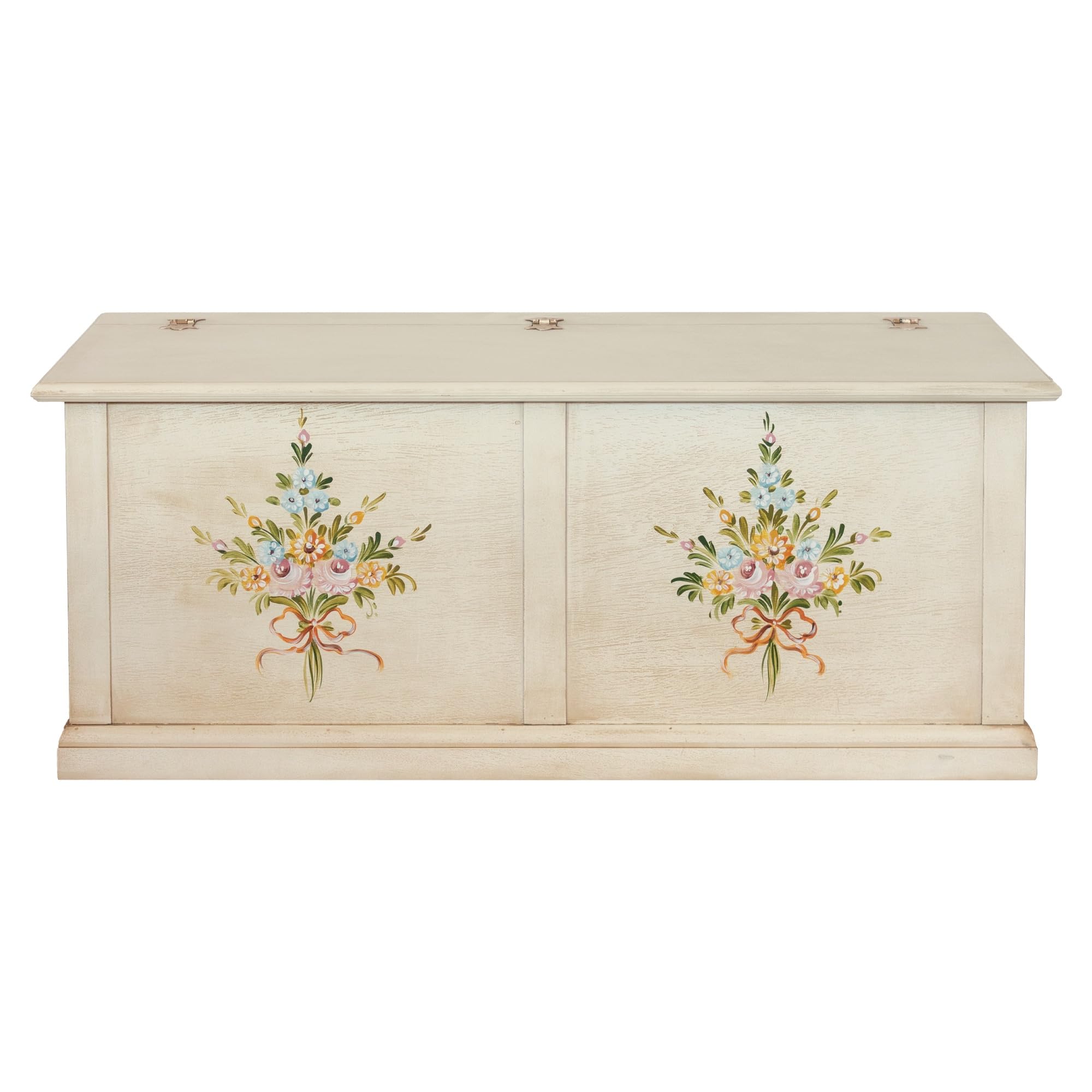 Vicentini arreda CASSAPANCA BAULE IN LEGNO SHABBY CHIC AP BIANCO ANTICATO DECORATO CON FIORI