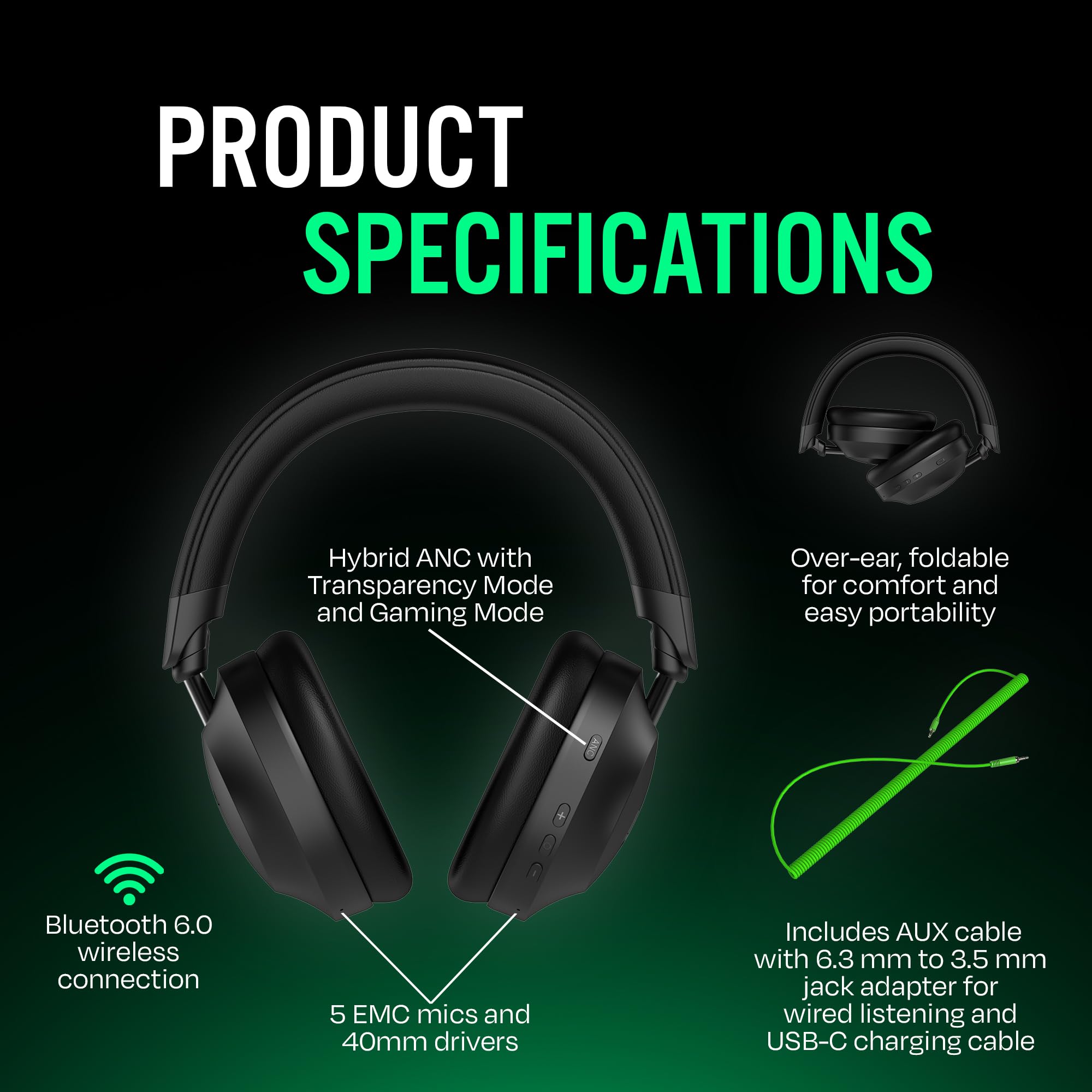 The Next Sound by Tiesto - Auriculares inalámbricos con cancelación de ruido, MX41H con micrófono, auriculares plegables Bluetooth 6.0 con modo de juego de baja latencia