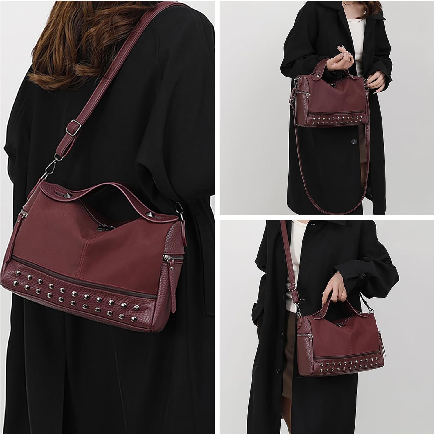 Women Large Punk Shoulder Top Handle Bag Purse Rivet Hobo Handbag Leather Satchel Tote Crossbody Bag