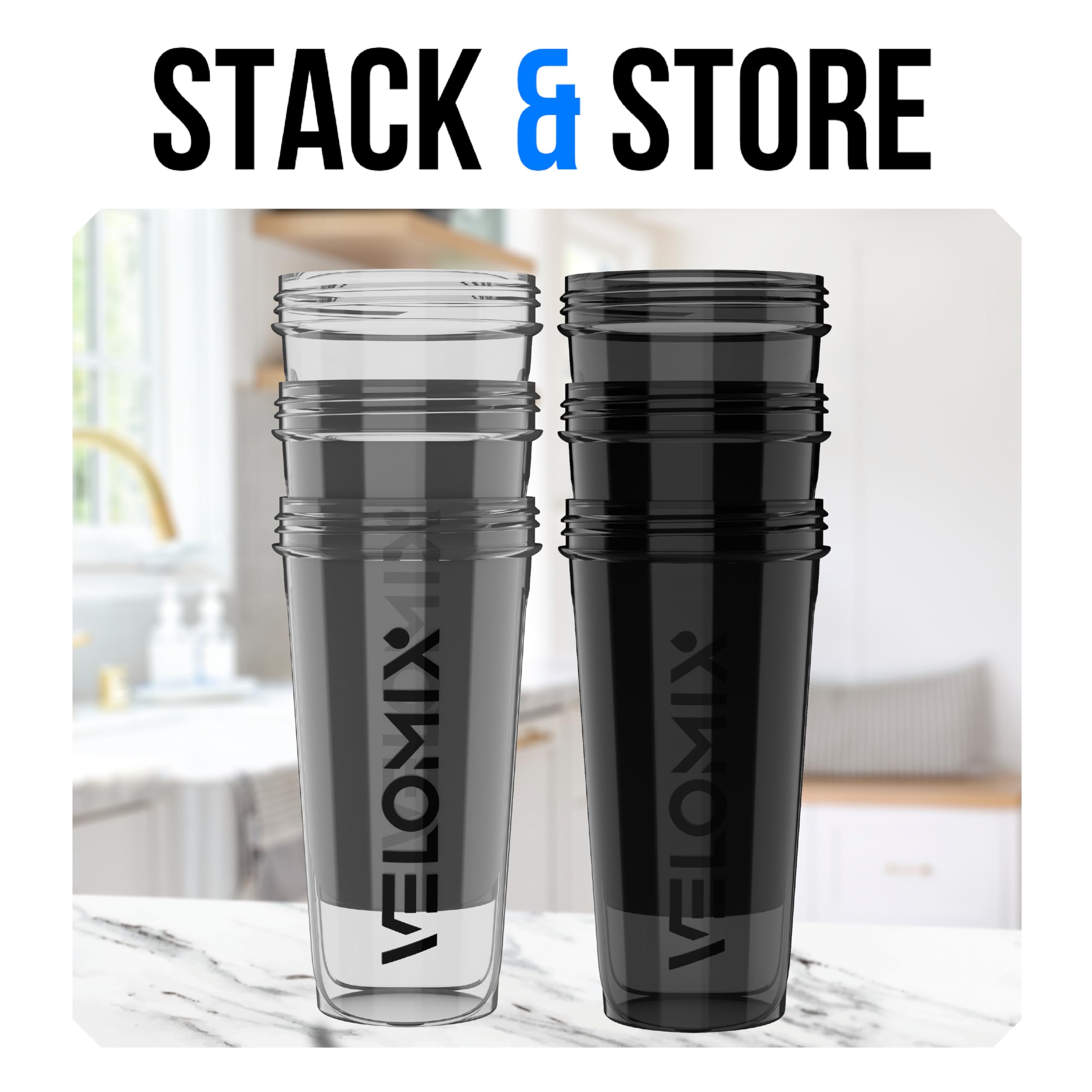 VELOMIX Protein-Shaker-Flasche für Proteinmischungen, auslaufsichere Shaker-Becher für Protein-Shakes, groß, stapelbar, Schwarz und Transparent, 6 Stück