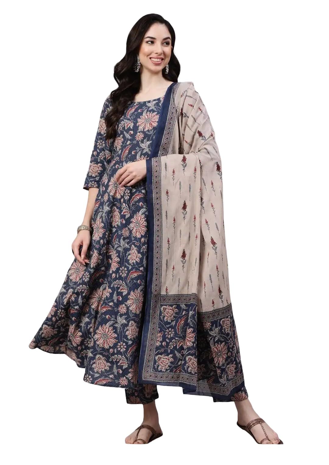 Women Printed Anarkali Kurta Set with Dupatta, Navy Blue and Beige Floral Design