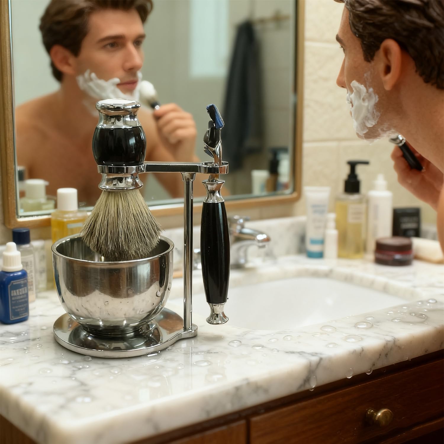 Ensemble de rasage GRUTTI, couteau de luxe pour rasoir et support de pinceau avec bol de savon Cadeaux pour les hommes Rasage brosse de blaireau et manche de rasoir compatible avec Fusion 5