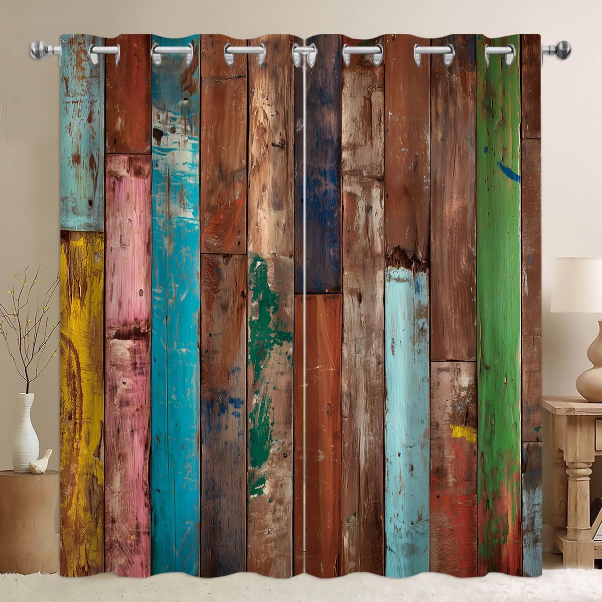 Rustic Wood Barn Door Blackout Curtains, Plank Farmhouse Country Black Out Window Drapes for Bedroom Living Room Grommet Thermal Insulated Room Darkening Home Decor, 2 Panels 52x84 Inches