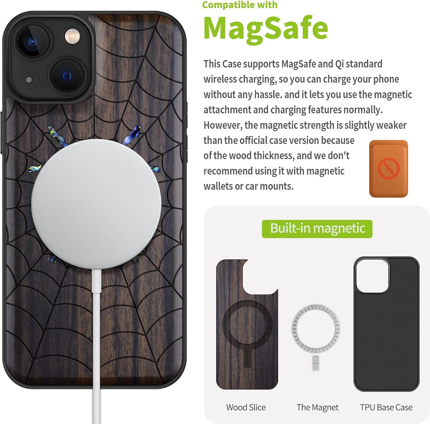 Carveit Designer Wooden Protective Case for iPhone 13 Magnetic Cover [Wood Engraving & Shell Inlay] Compatible with iPhone 13 MagSafe (Spider Web-Blackwood)