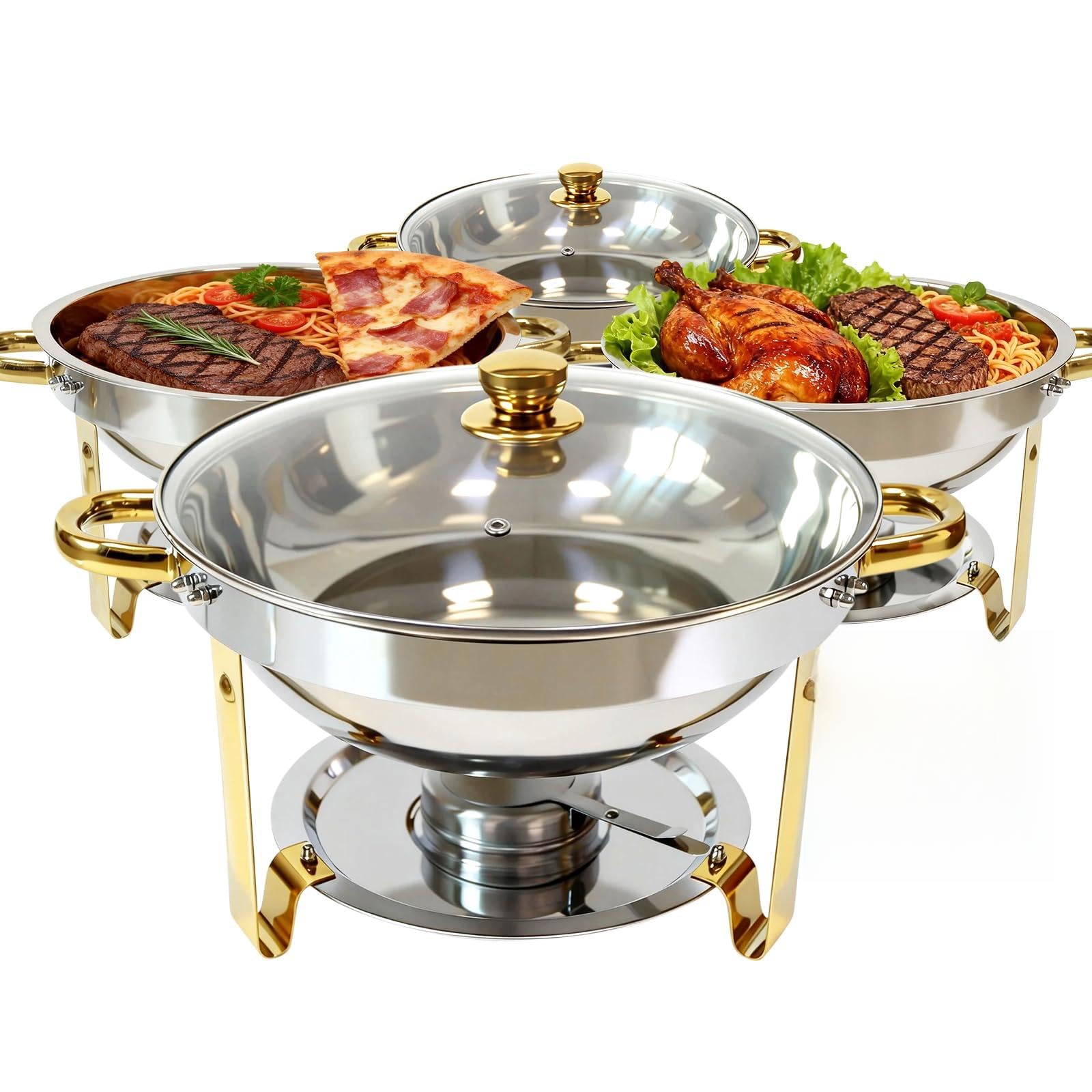 6qt chafing dishes for buffet, stainless steel food pan with glass lid, round chafing dish buffet set of 4 pack food warmer, food warmers for parties buffet catering events dinners, gold & silver