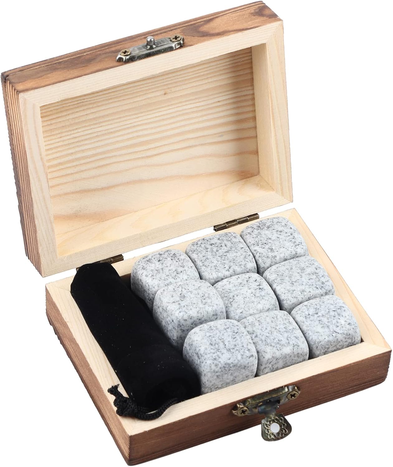 Whiskey Chilling Stones, 9Pcs Whisky Wine Chilling Stones Set Home Drink Chiller Stones Rocks Wooden Box Packaging(Sesame White)