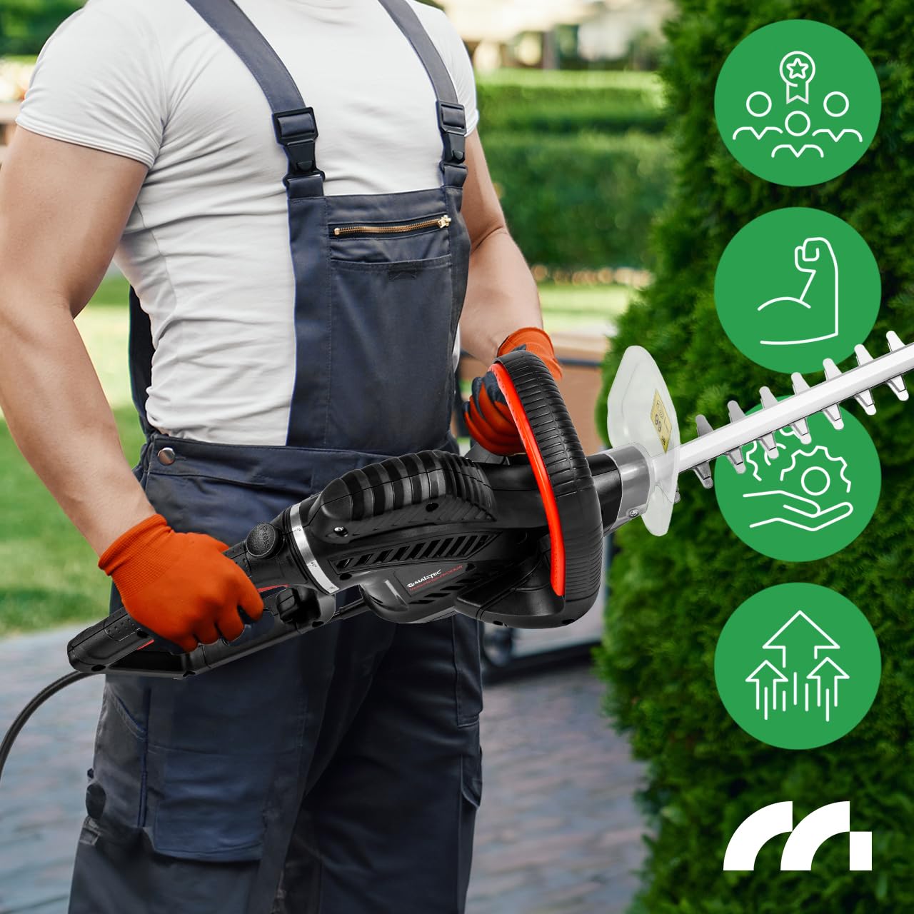 MalTec Elektrische Heckenschere 1800W, 61cm Schnittlänge, Handschutz, Schwertschutz und Schutzbrille im Set, Drehzahl 1700 U/min