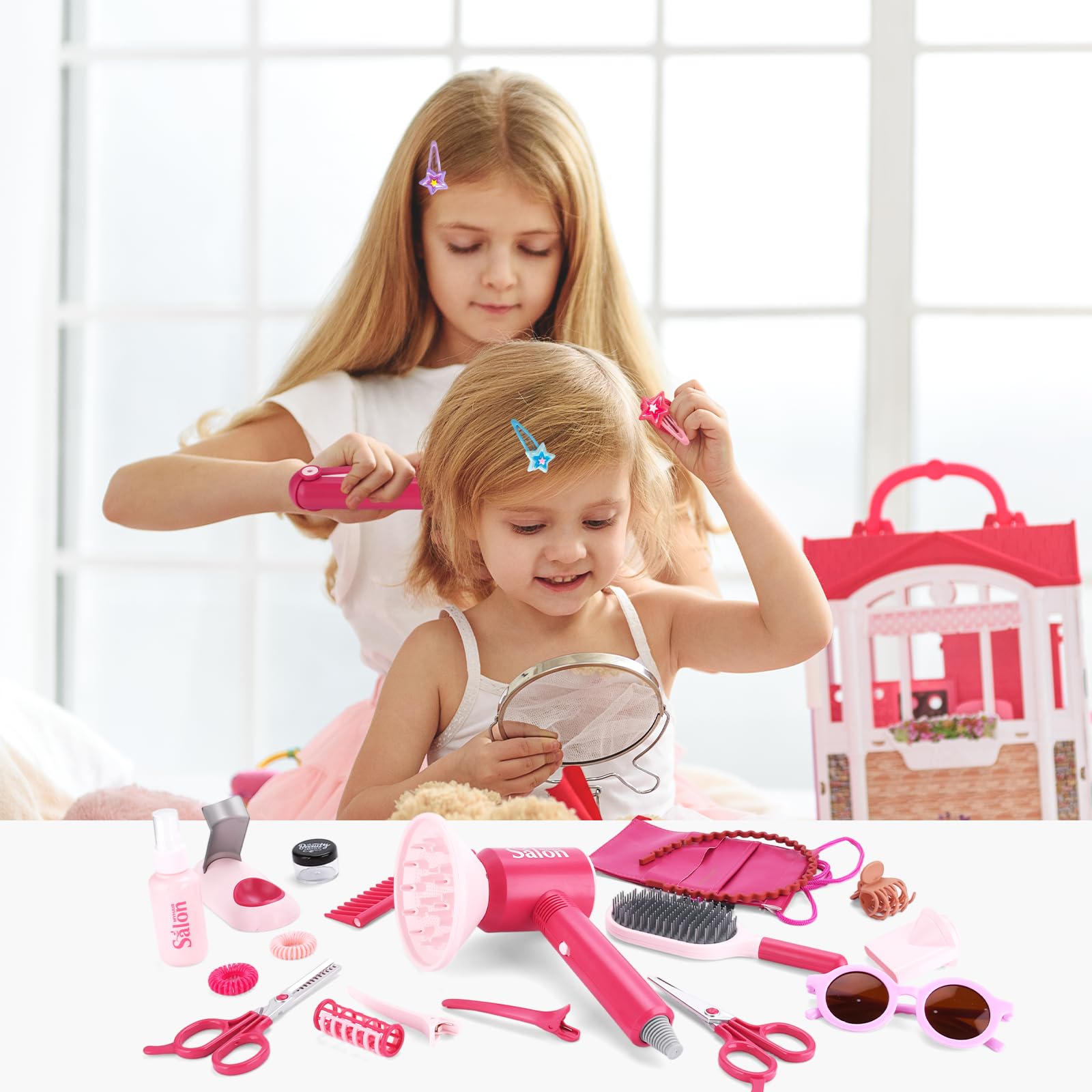 Friseur Set Kinder,Schminke Friseur Beauty Sets,25-teilig Schönheitssalon-Set Modespiel mit Haartrockner,Spiegel,Friseurkoffer Kinder Rollenspielset für Jungen und Mädchen ab 3 Jahren - Rose