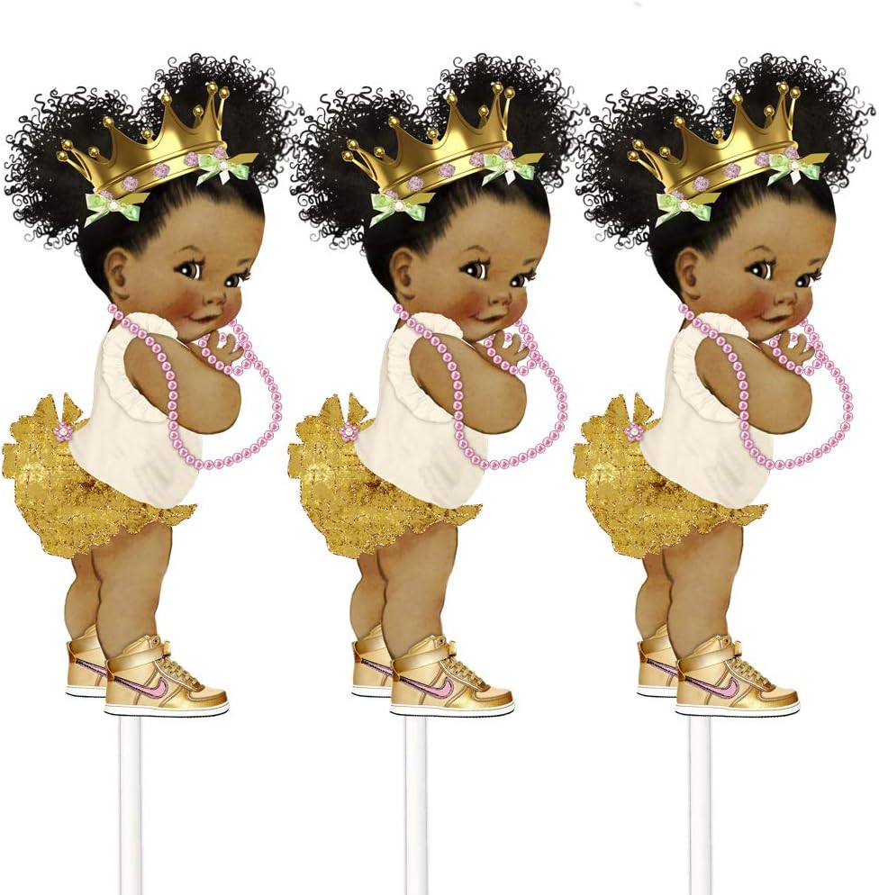 Little Gold Princess Table Decoration Centerpieces, Set of 3 African American Princess Royal Birthday Cake Centerpieces