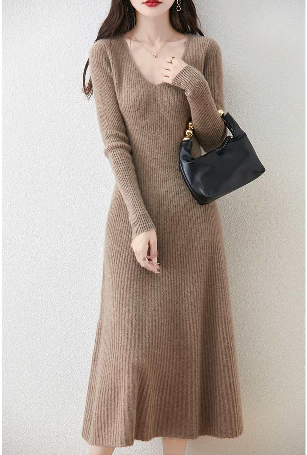 Women's Sweater Dress 100% Merino Wool Pullover Long Sleeve V Neck Knitted Slim Tops - Image 2