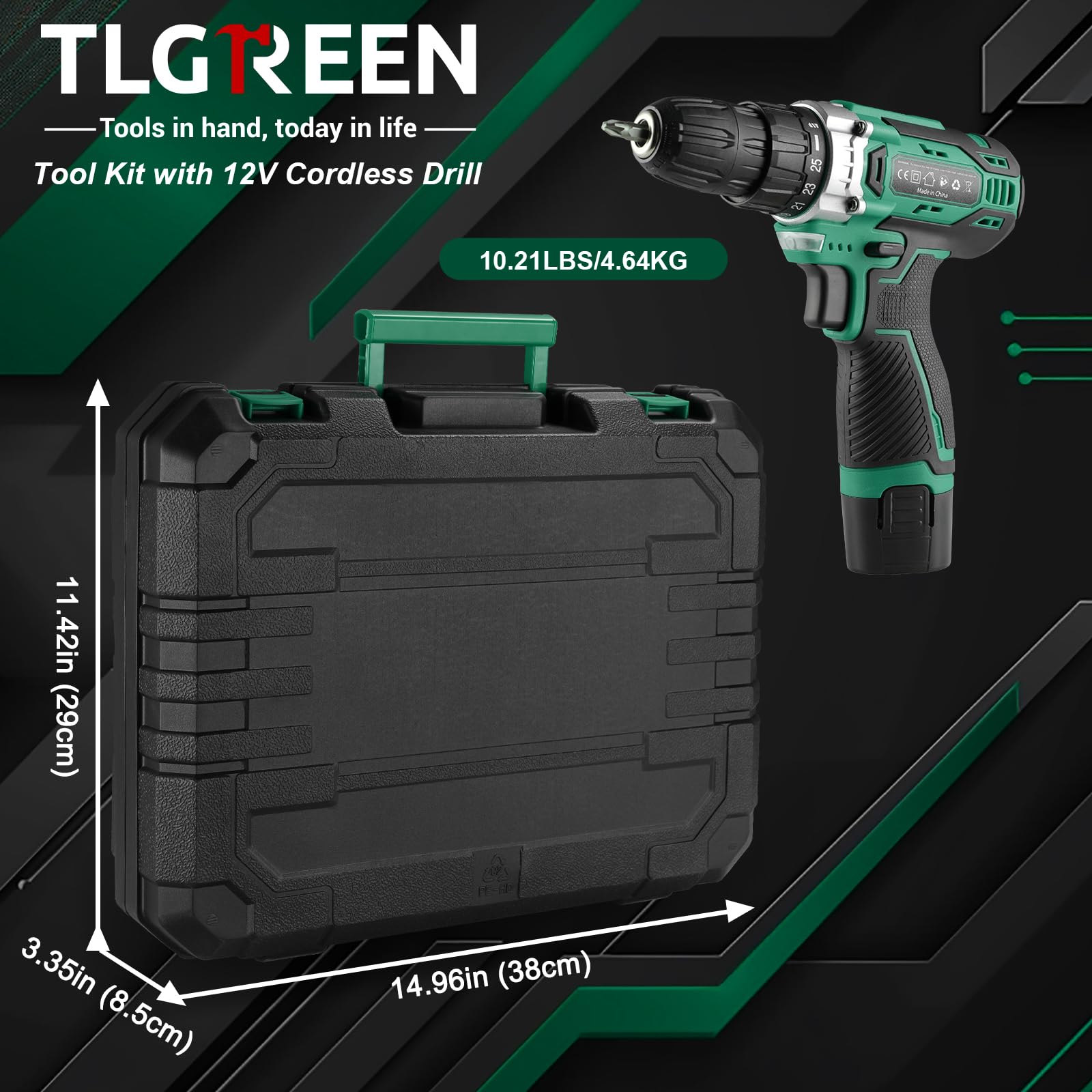 TLGREEN Caisse a Outil Perceuse Visseuse sans fil 12V, Malette Outils | Perceuse à Percussion Sans fil Boîte à Outils complete 138 Pièces pour Réparation Entretien Travail, Bureau Domicile, Vert