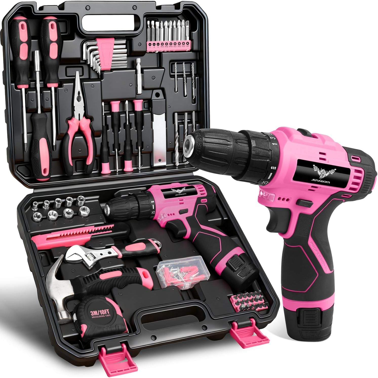 Pink Tool Set - 12V Cordless Drill Kit, 151 Piece Home Tool Set With Power Drill, Tool Kits for Men & Women, Perfect for Homeowner, Diyer, Handyman