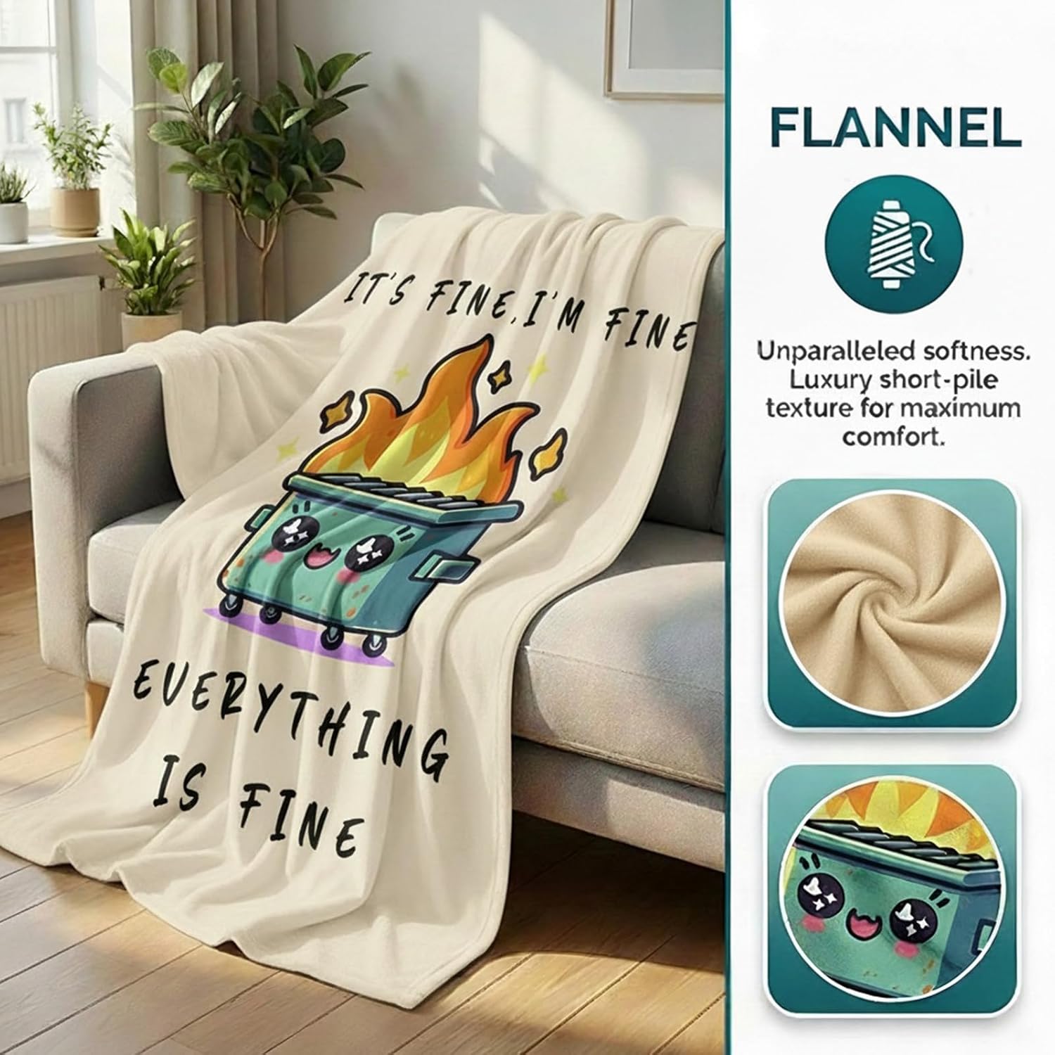 Funny Emotional Support Dumpster Fire Office Chair Blanket Funny Office Gifts for Coworkers Boss It's Fine I'm Fine Everything is Fine Beige Fun Soft Throw Blanket 60"X50" - Image 4