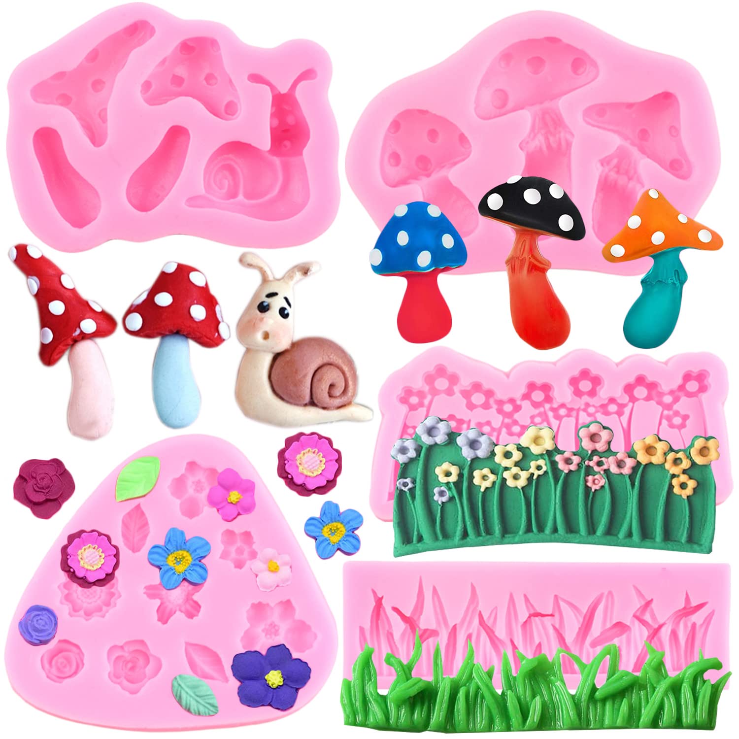 Enchanted - Juego de 5 moldes de silicona para fondant, diseño vintage de hadas, hongos y caracoles, hierba verde, fondant, flores, chocolate, decoración de pasteles, decoración de cupcakes,