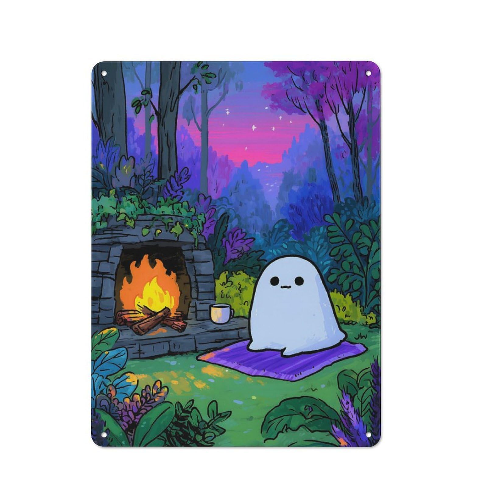 Junmoney Cozy Ghost By The Fireplace Rustic Metal Plaque 40X30cm For Studio Or Craft Room, Suited To Craft Room Decorators