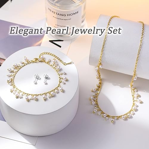 Vista 6 de KesaPlan Juego de collar de perlas, collar de perlas ajustables chapado en oro de 14 quilates y pulsera de perlas y aretes de perlas para mujer