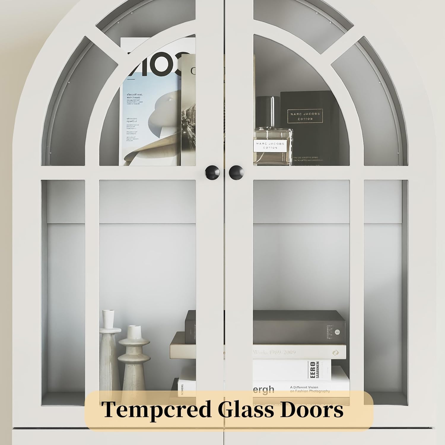 HLR Arched Bookcase,71’’Tall Arched Cabinet with Glass Door Drawers and Shelves, Kichen China Pantry for Living Room,Dining Room (White)