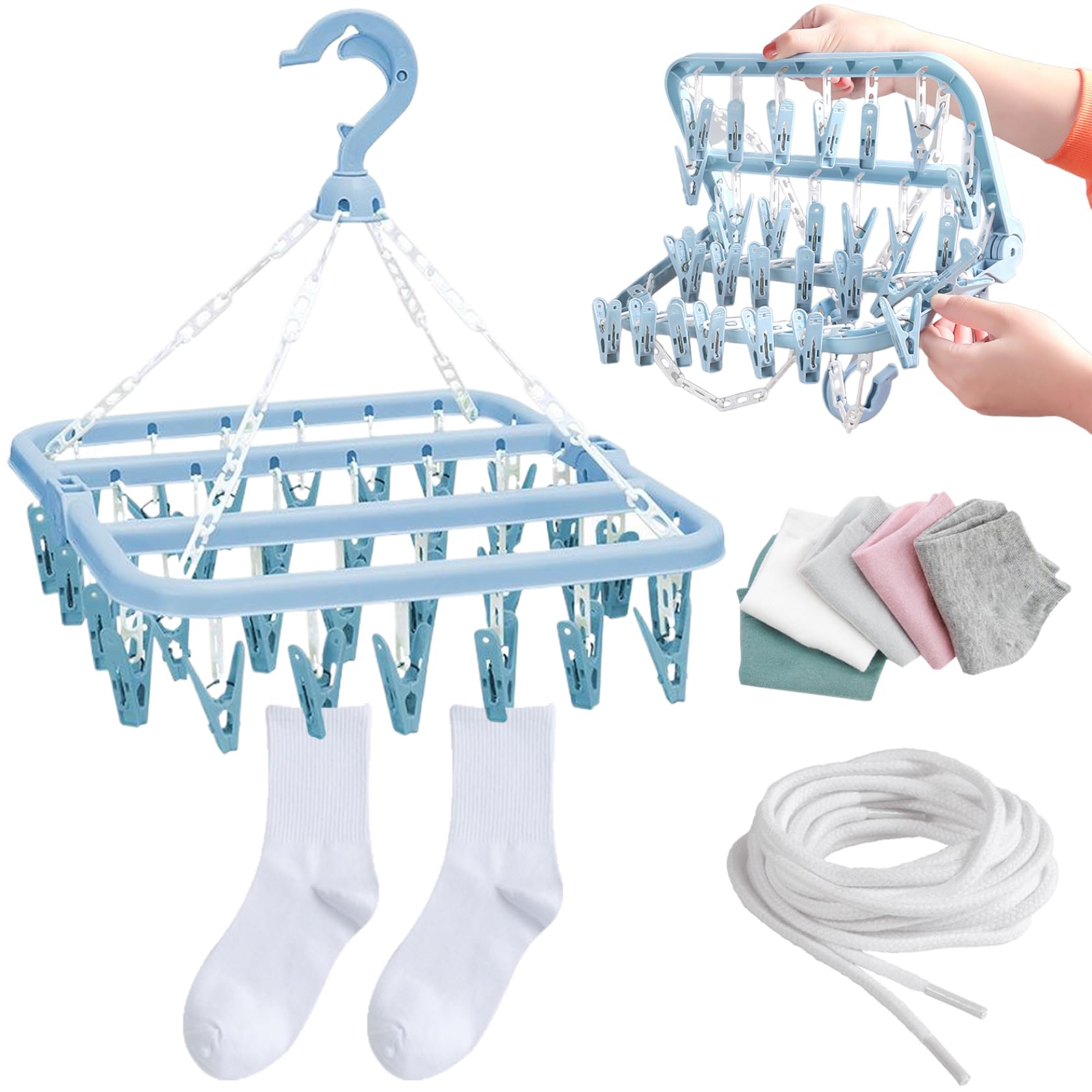Peosaard Blue Drying Rack, Clothes Drying Hanger Foldable Clothes Rack With 32 Clips Windproof Laundry Hanger Dryer Multifunctional Hangers For Sock, Underwear, Hangers With Clips