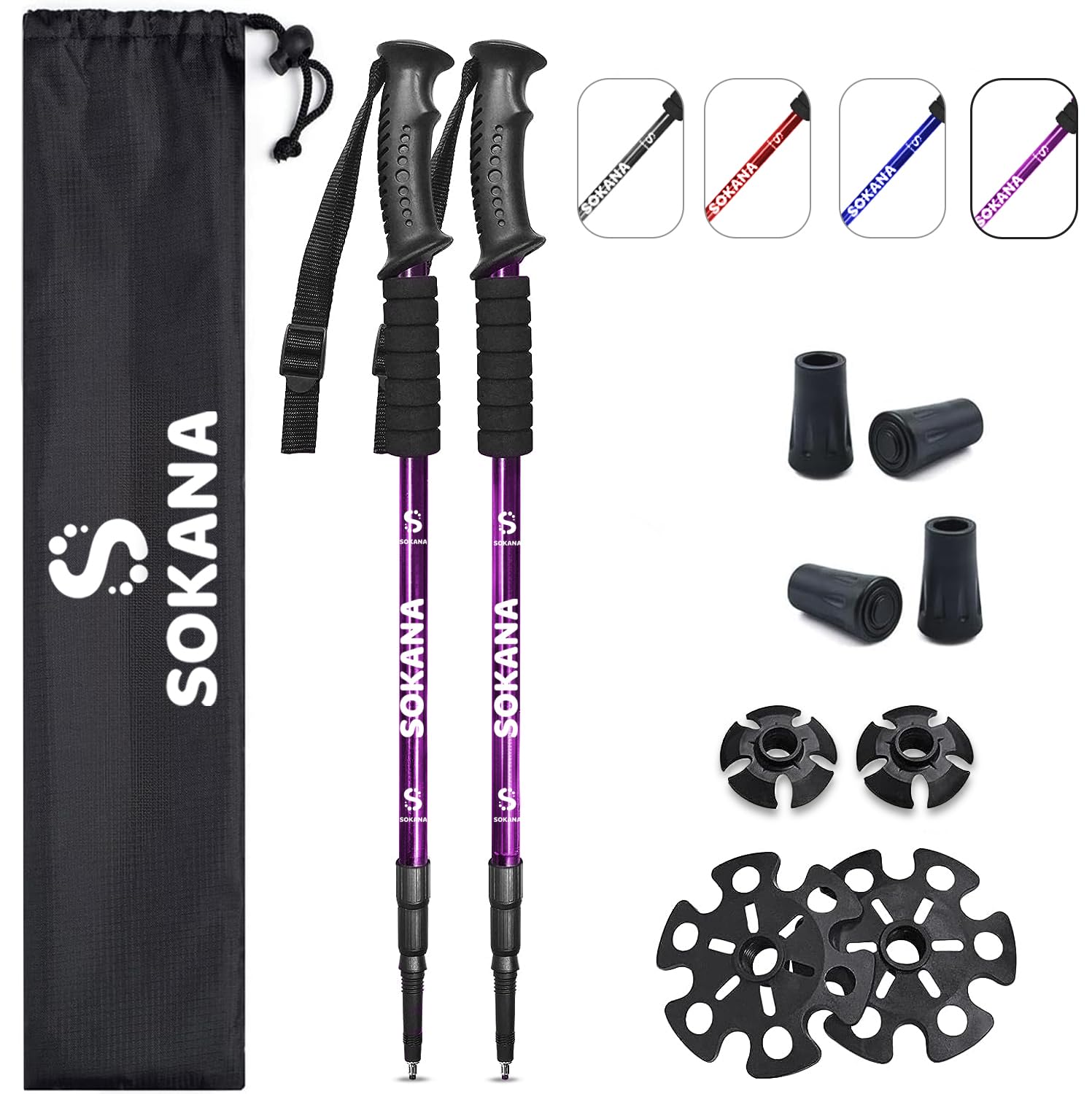 SOKANA Walking Poles 2 Pack Folding Walking Sticks for Men and Women | Lightweight Trekking Poles with Quick Lock System for Hiking Climbing Camping - Purple