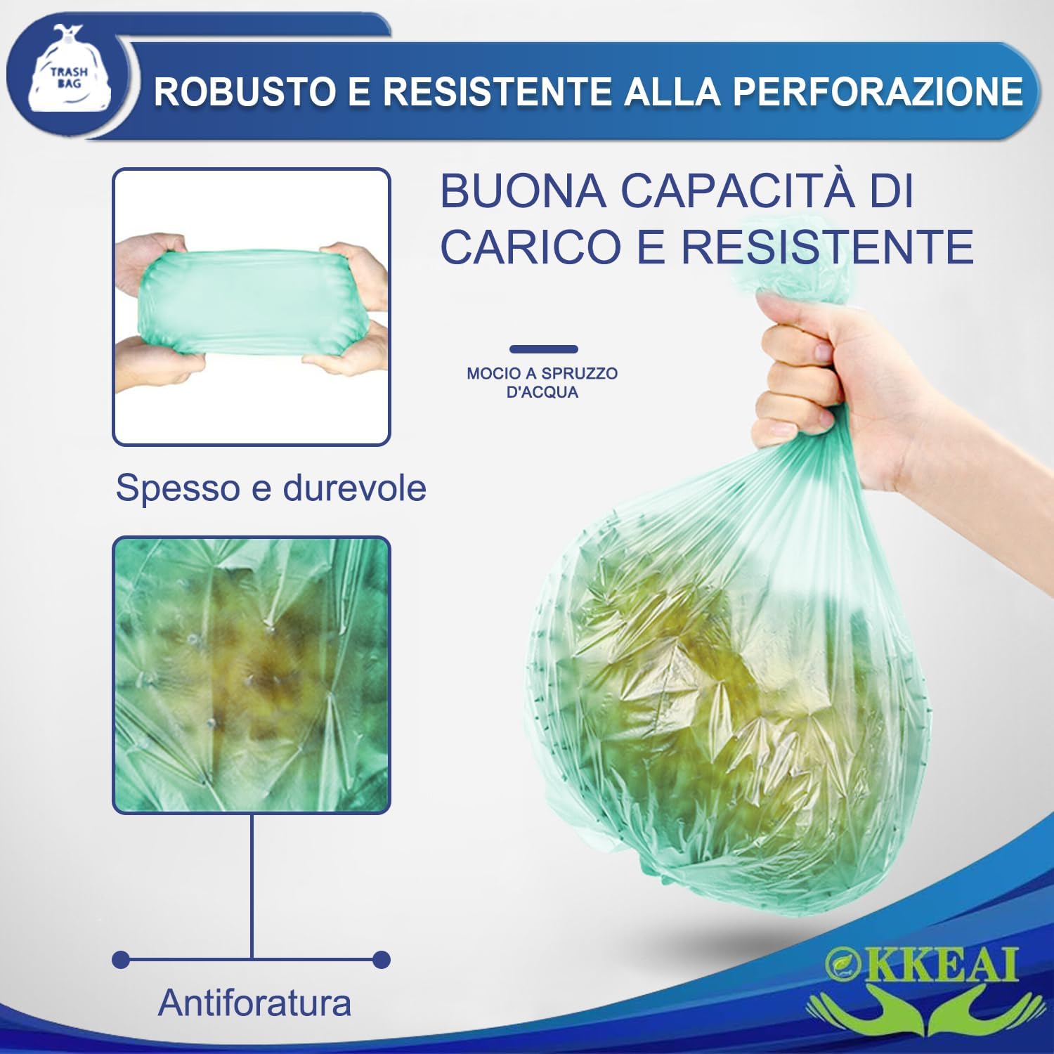 OKKEAI 120 Pezzi Sacchetti Immondizia resistenti 45x50cm, 10L Sacchetti Spazzatura Piccoli Antistrappo, Alta Qualità, Durevoli e Antiforo, Sacchi Pattumiera per Cucina, Bagno, Soggiorno (Blu)