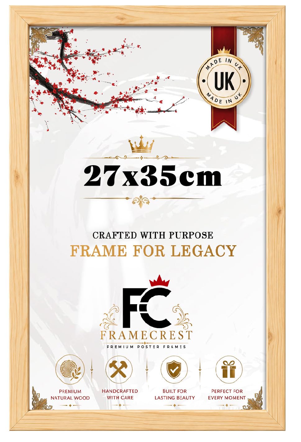 FRAMECREST Classic & Durable 27x35cm Poster Frame | Handcrafted for Gallery Family Photo Portrait and Landscape Display Anniversary/Birthday/Wedding/Gifting-[Pine]