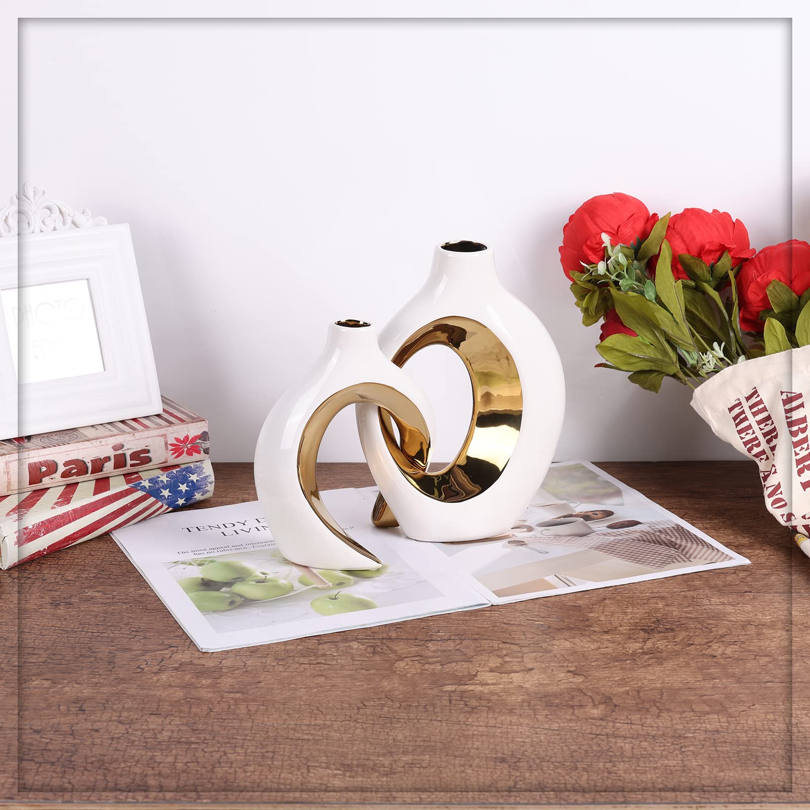 keramische Vase Dekor 2pcs Set, moderne böhmische Dekoration, Weiß und Gold skandinavischen minimalistischen Stil Raumdekoration, geeignet für Tisch Centerpiece, Bücherregal, Home Decor(W+G)