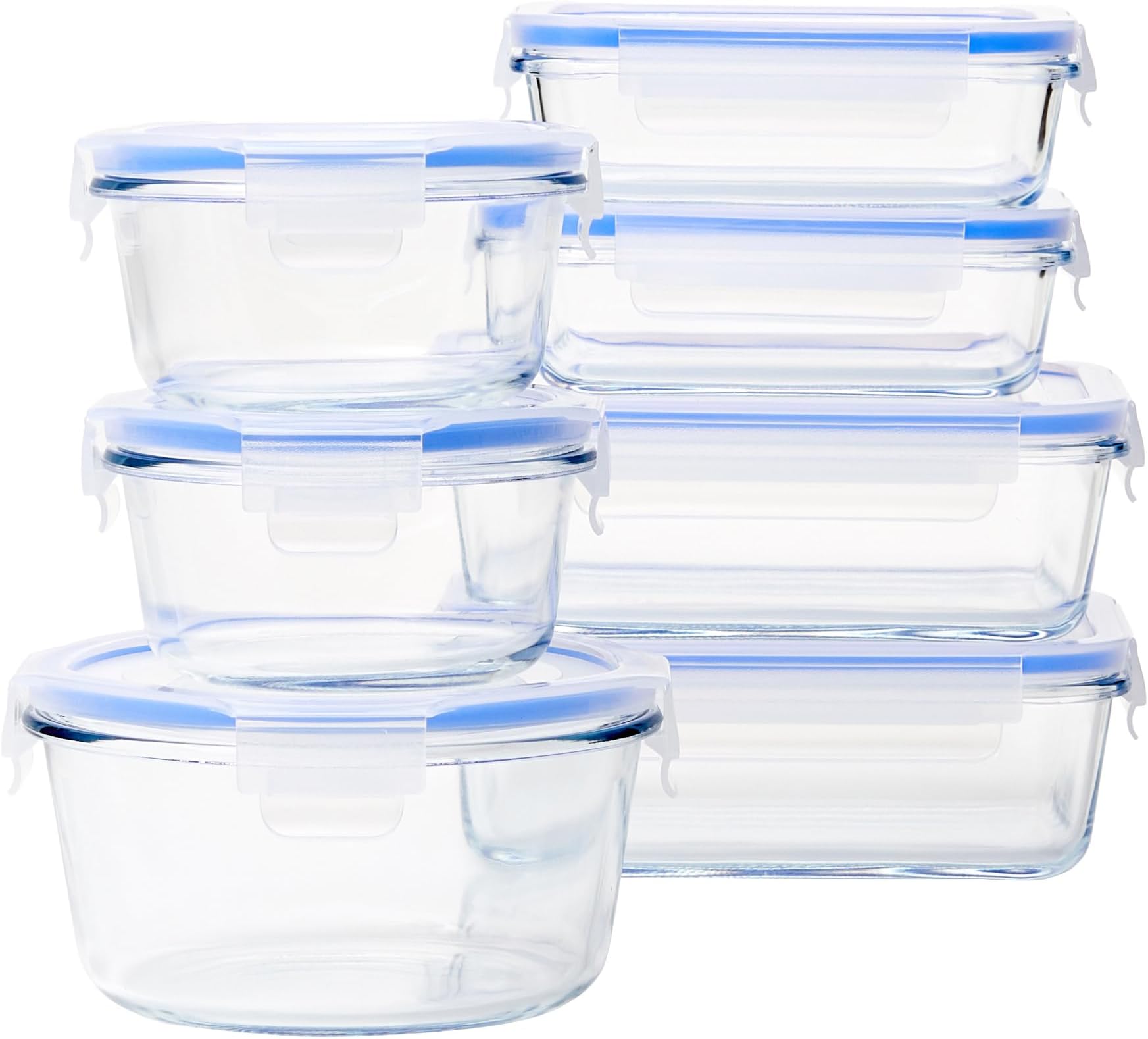 amazon basics Glass Leak-Proof Locking Lids - Food Storage Containers, 7-Piece Set, Transparent
