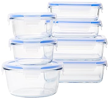 amazon basics Glass Leak-Proof Locking Lids - Food Storage Containers, 7-Piece Set