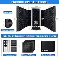 Vista 2 de TroyStudio - Escudo grande de aislamiento de micrófono, filtro de reflexión plegable para cabina vocal, panel de espuma acústica de 2 pulgadas