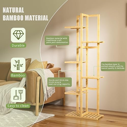 Miniatura 5 de Soporte de bambú de 6 niveles para plantas de interior, soporte alto de madera para flores, estante de esquina para múltiples plantas (natural)