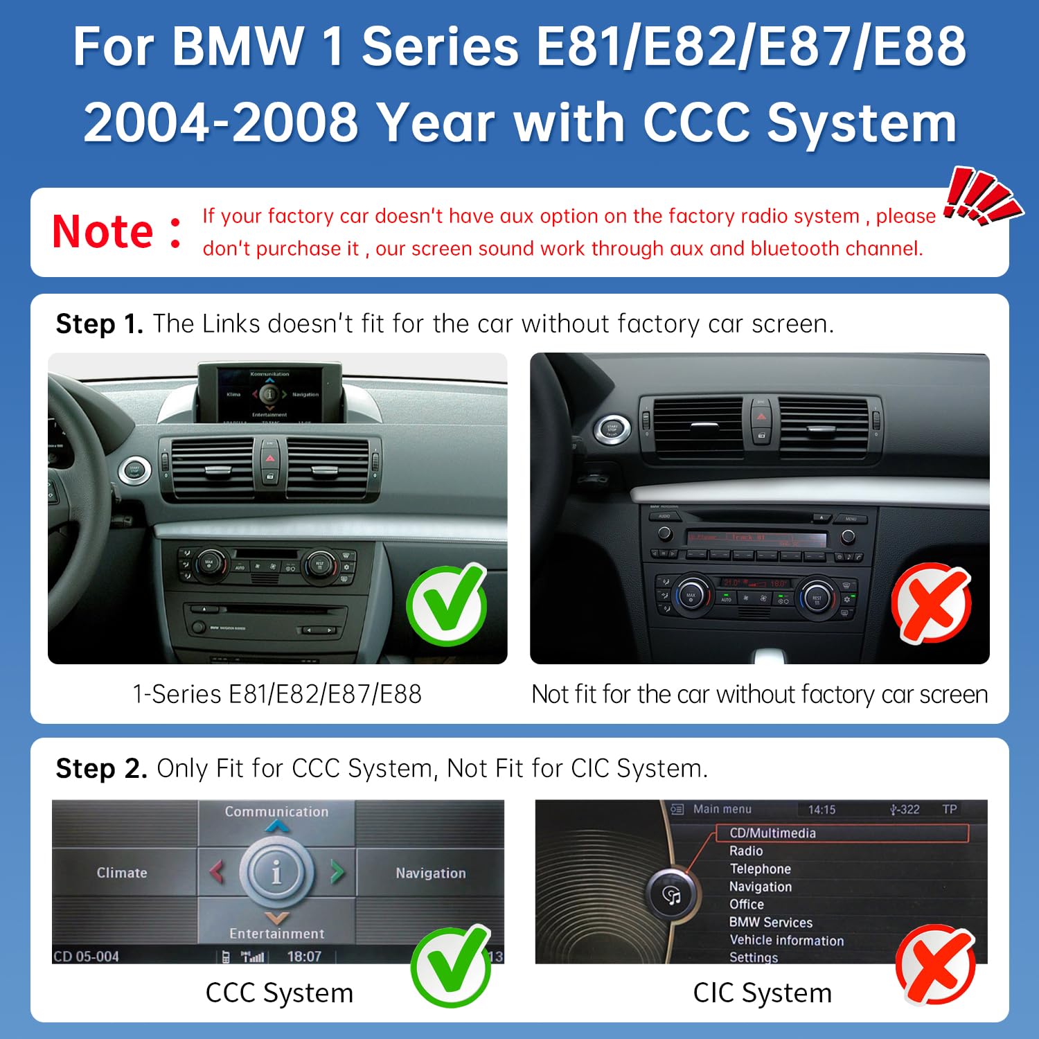 Road Top Radio samochodowe CarPlay, ultra cienki ekran dotykowy do samochodu BMW serii 1 E81/E82/E87/E88 (2004-2008) z systemem CCC, radio samochodowe z CarPlay/Android Auto/MirrorLink