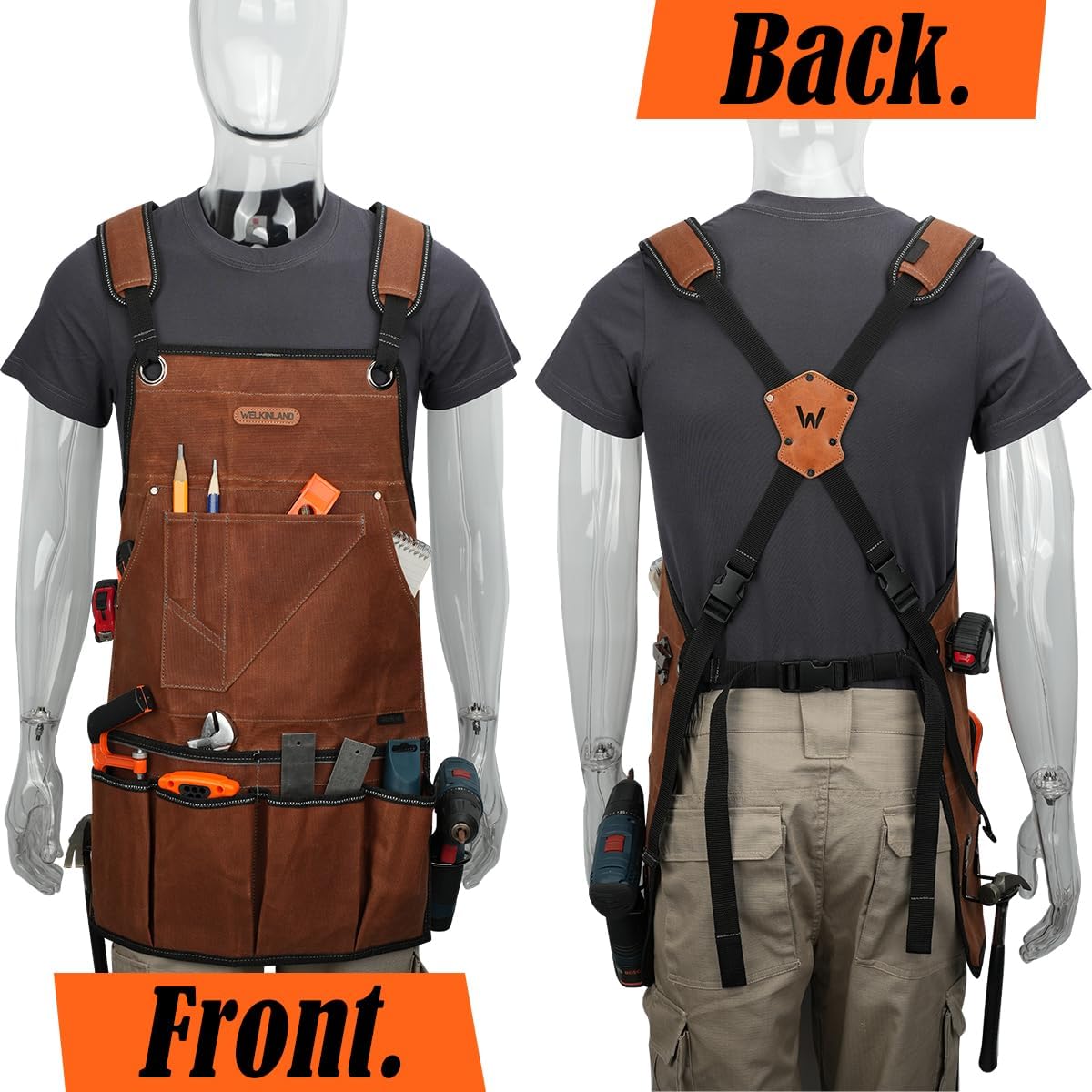 WELKINLAND 11-Pockets Waxed-Canvas Tool Apron, Heavy-Duty Carpenter Apron, Comfy Woodworking Apron, Convenient Workshop Apron, Fully-Adjustable Shop Aprons For Men, Well-Padded Work Aprons For Men - Image 4