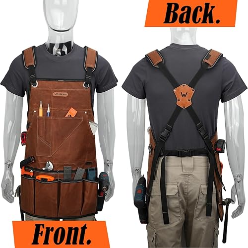 Miniatura 4 de WELKINLAND Delantal de herramientas de lona encerada de 11 bolsillos, delantal de carpintero resistente, cómodo delantal de carpintería, práctico